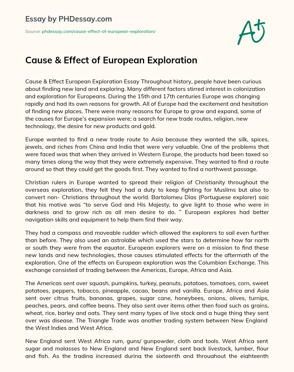 Cause & Effect of European Exploration essay