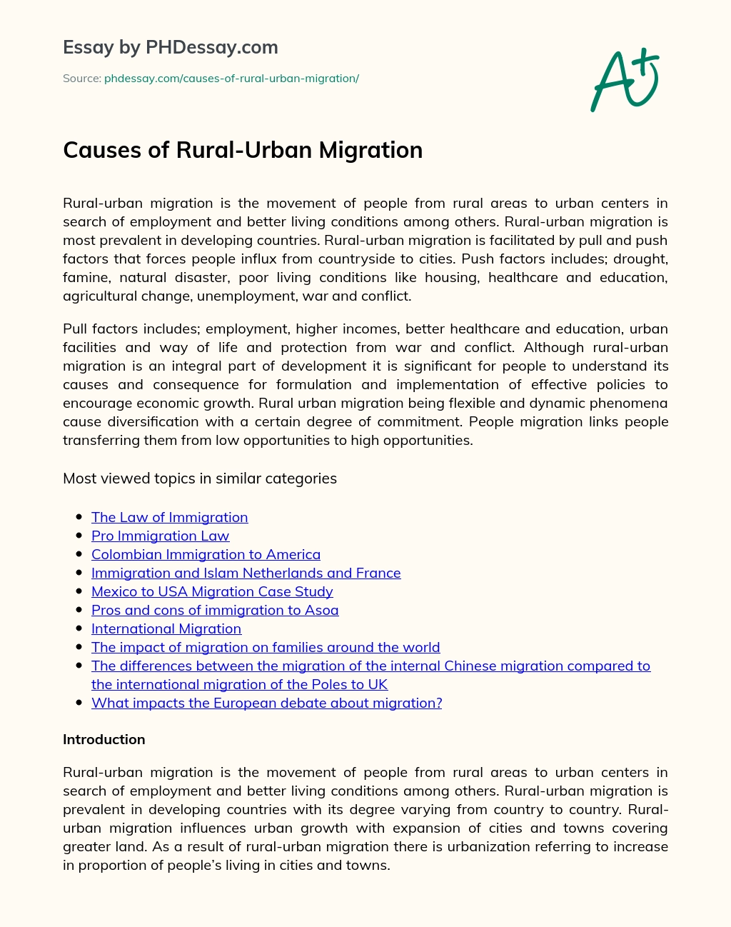 Causes of Rural-Urban Migration essay