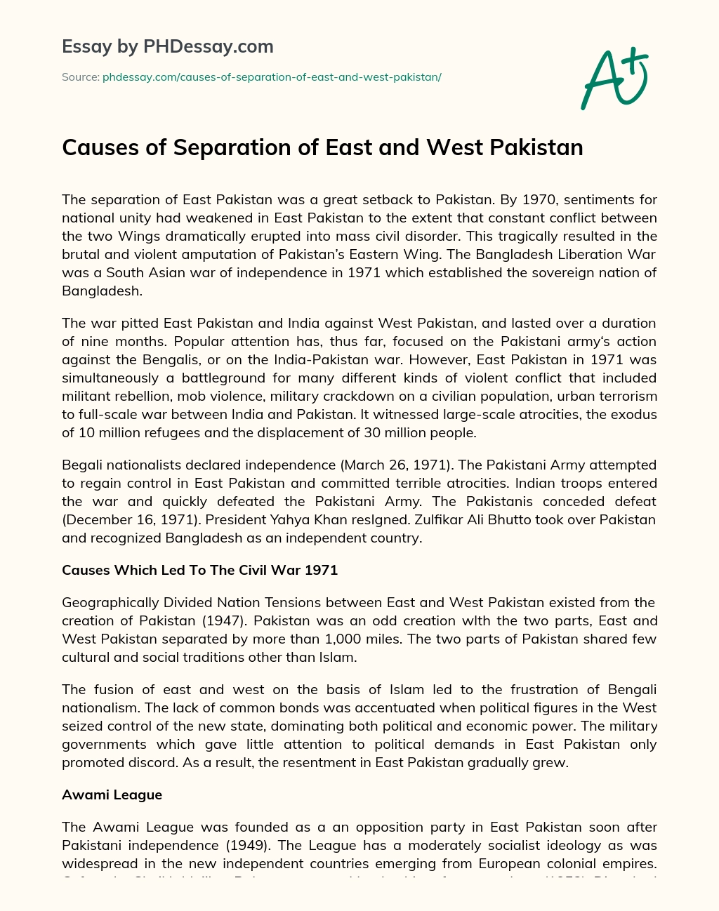 Causes of Separation of East and West Pakistan essay