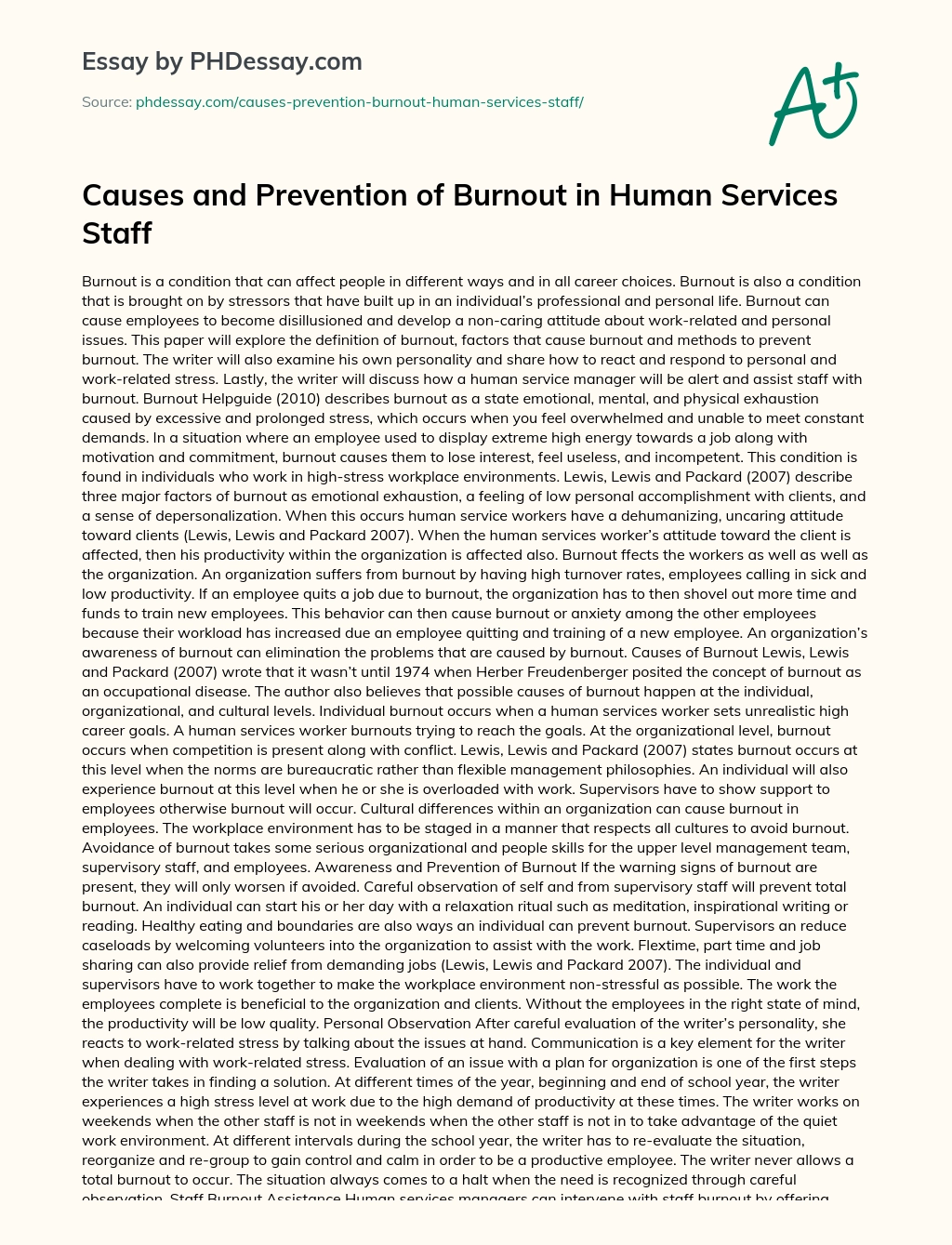 Causes and Prevention of Burnout in Human Services Staff essay