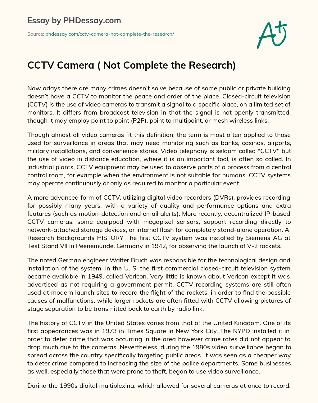 CCTV Camera ( Not Complete the Research) essay