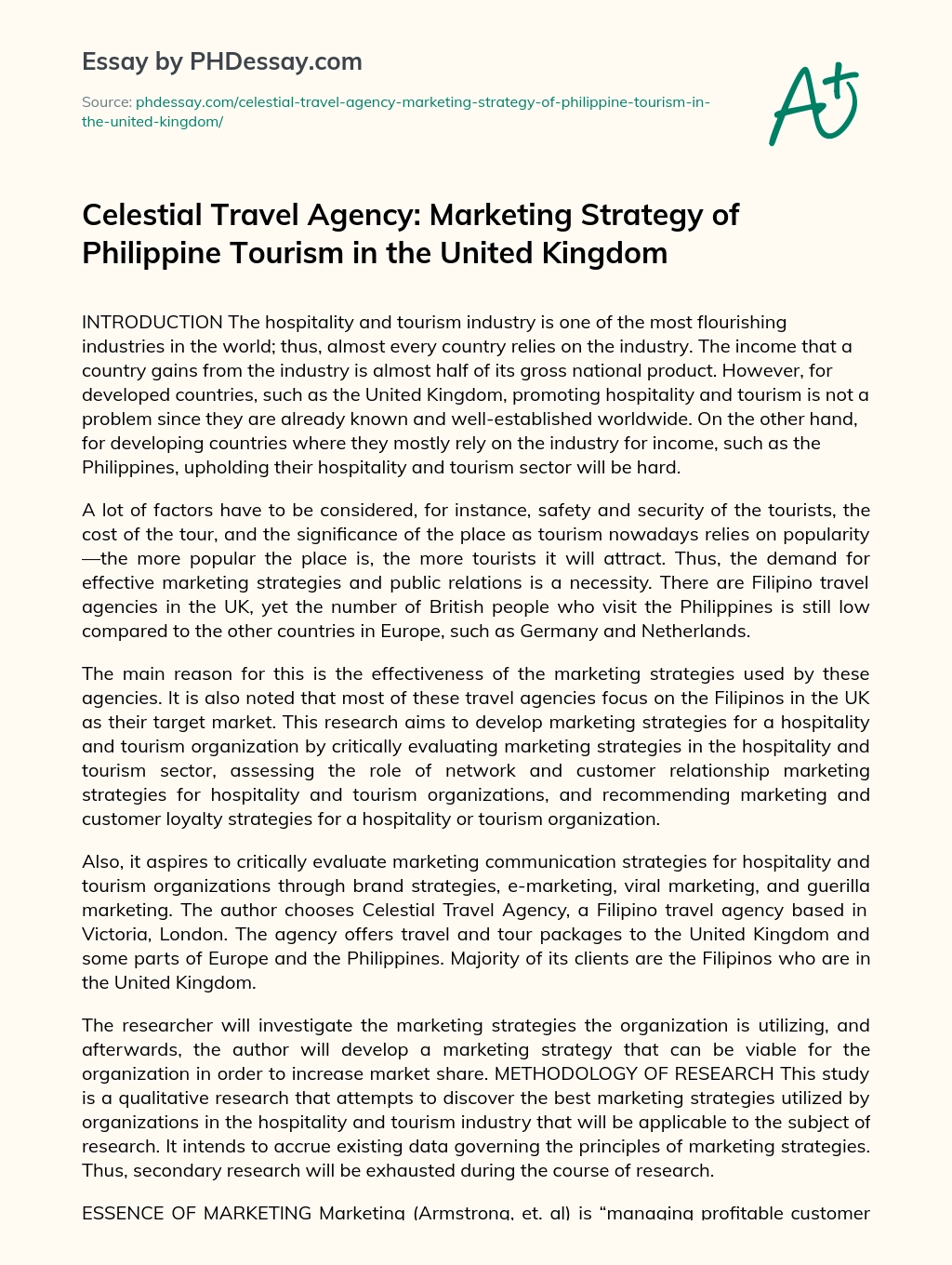 Celestial Travel Agency: Marketing Strategy of Philippine Tourism in the United Kingdom essay