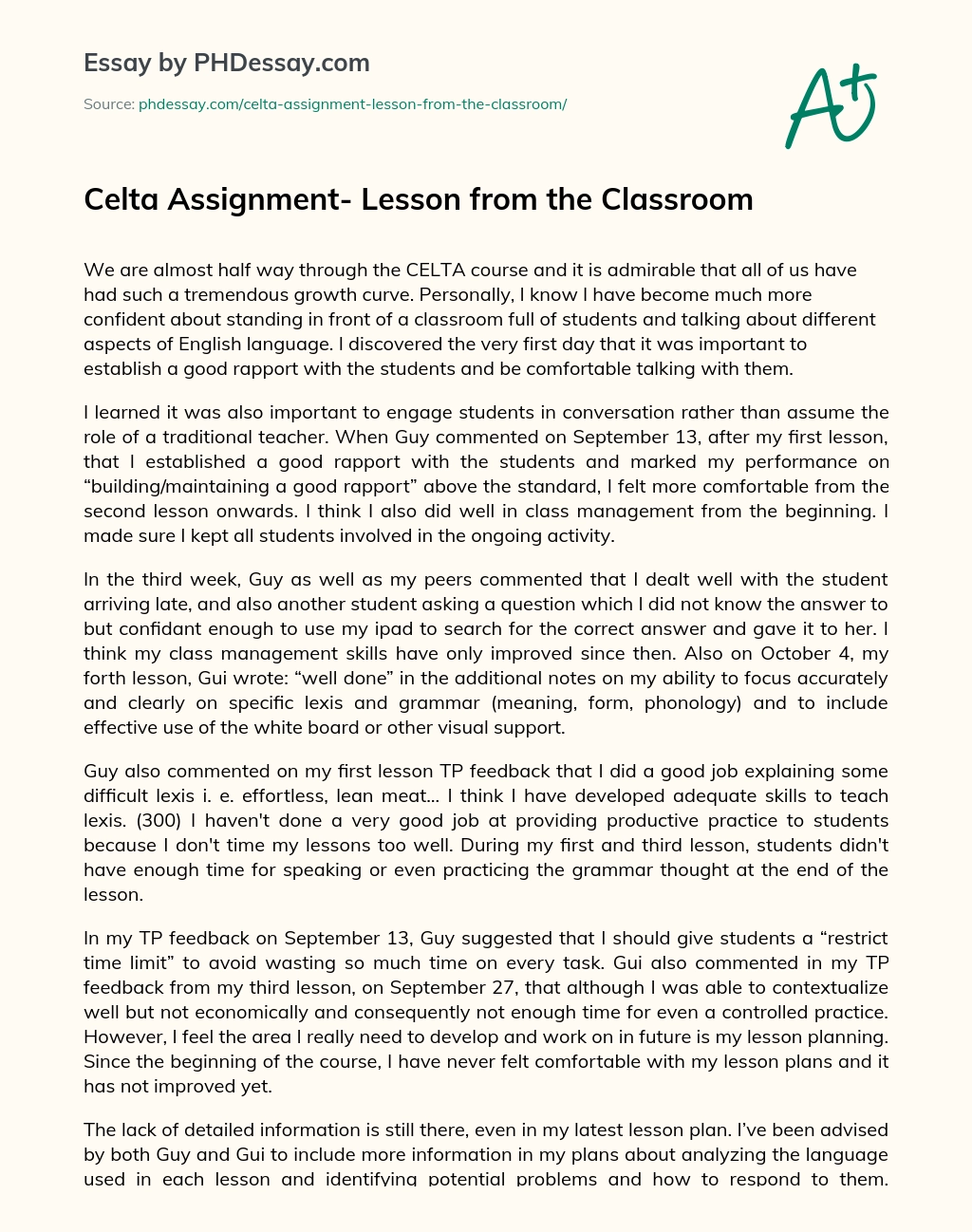 Celta Assignment- Lesson from the Classroom essay