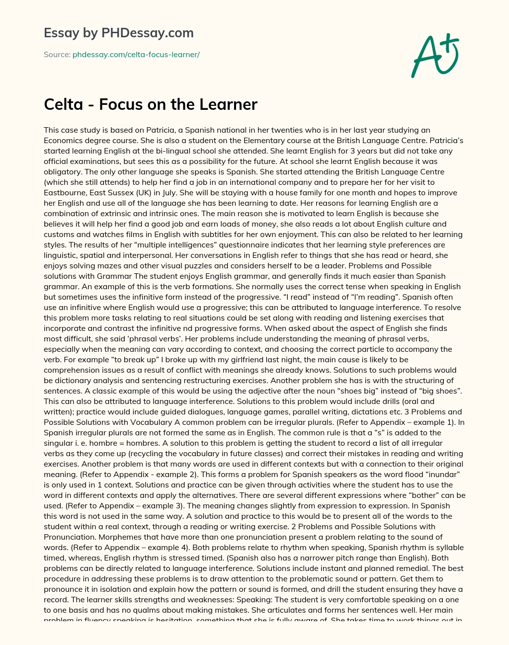 Celta – Focus on the Learner essay