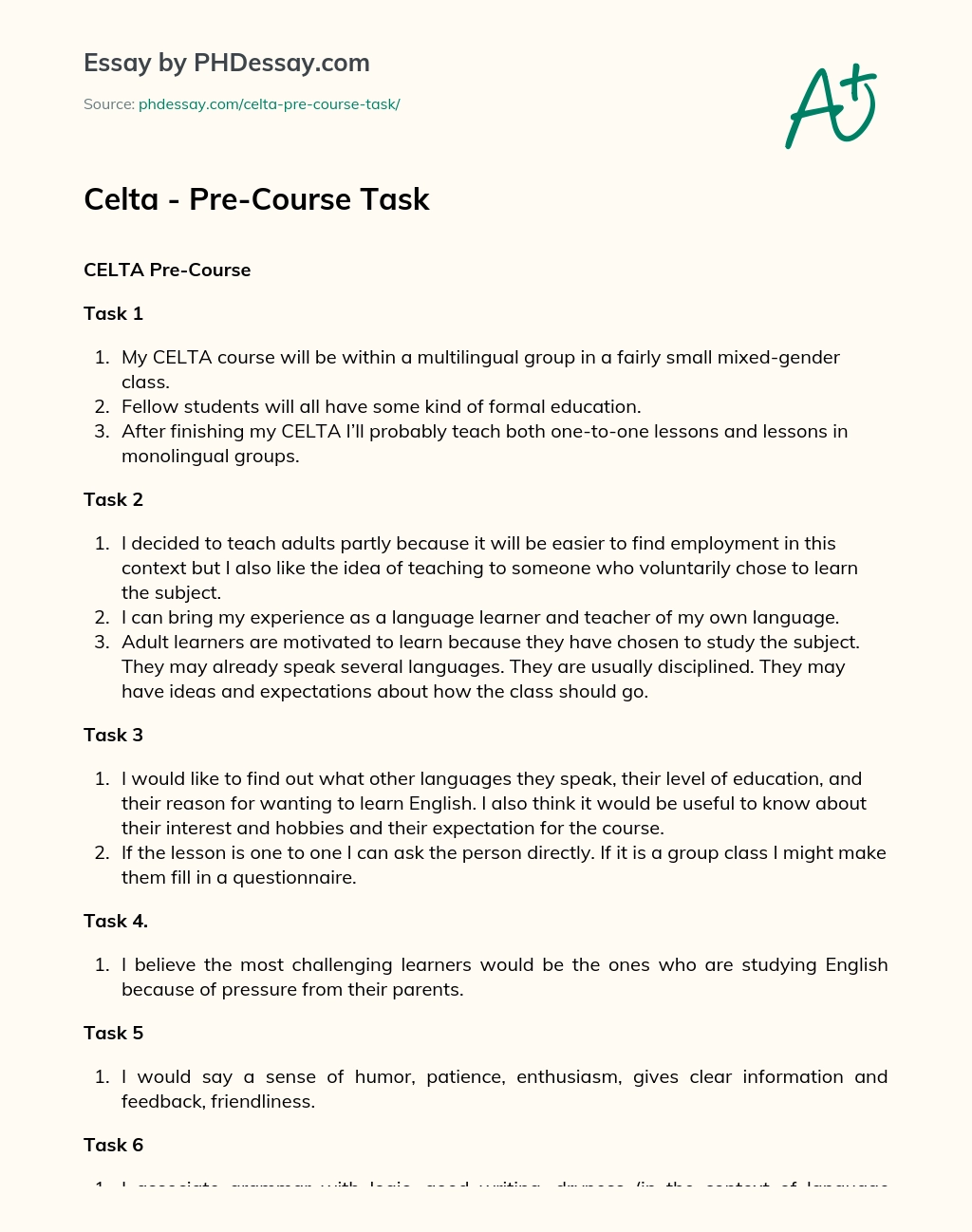 Celta – Pre-Course Task essay