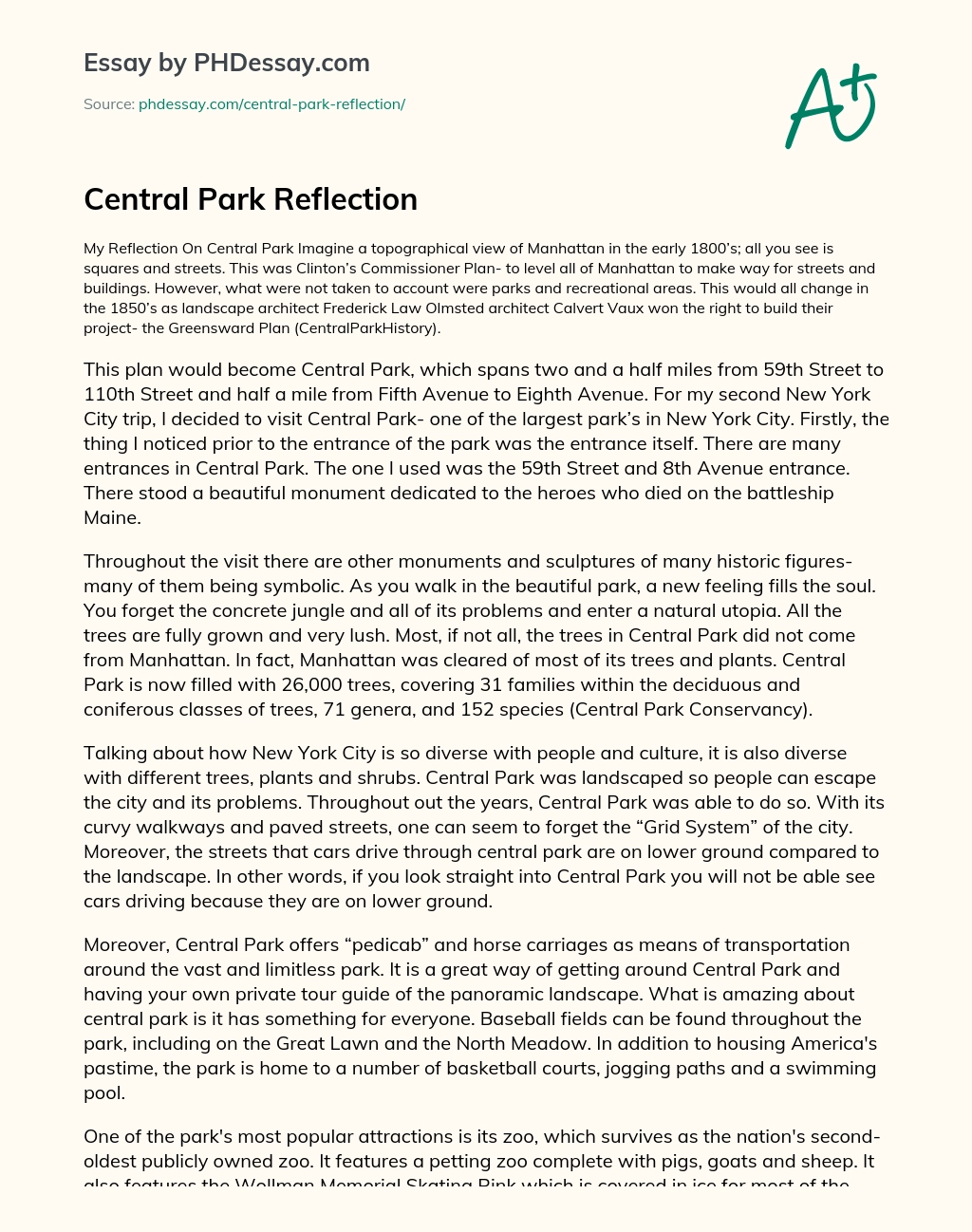 Central Park Reflection essay