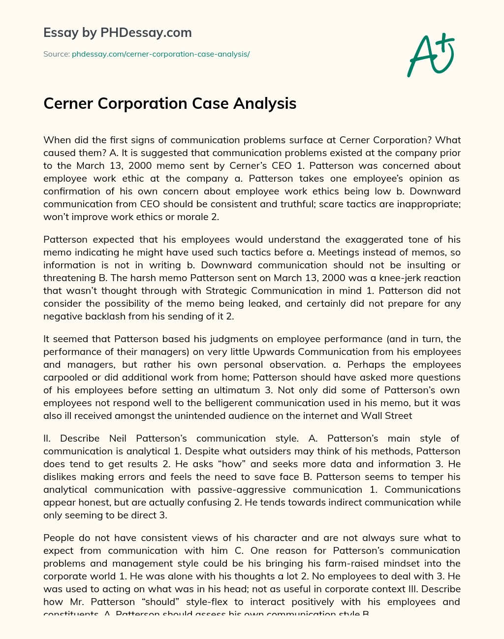 Cerner Corporation Case Analysis essay