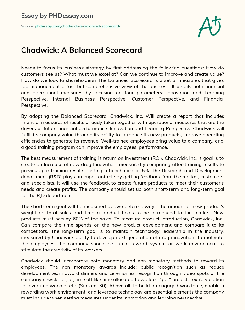 Chadwick: A Balanced Scorecard essay