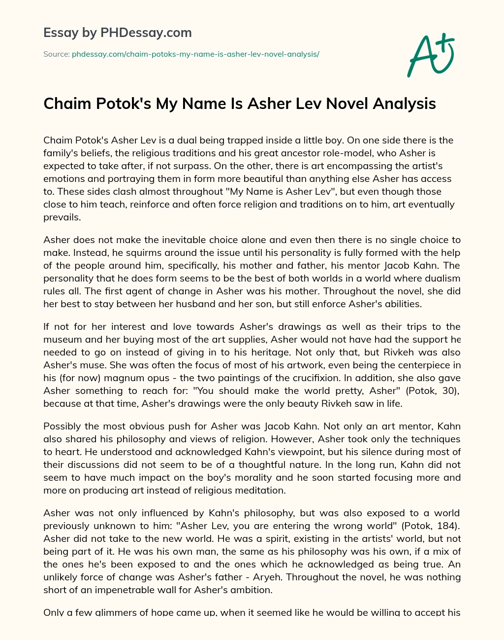 Chaim Potok’s My Name Is Asher Lev Novel Analysis essay
