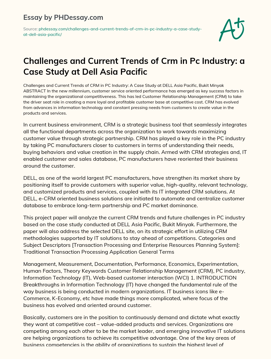 Challenges and Current Trends of Crm in Pc Industry: a Case Study at Dell Asia Pacific essay