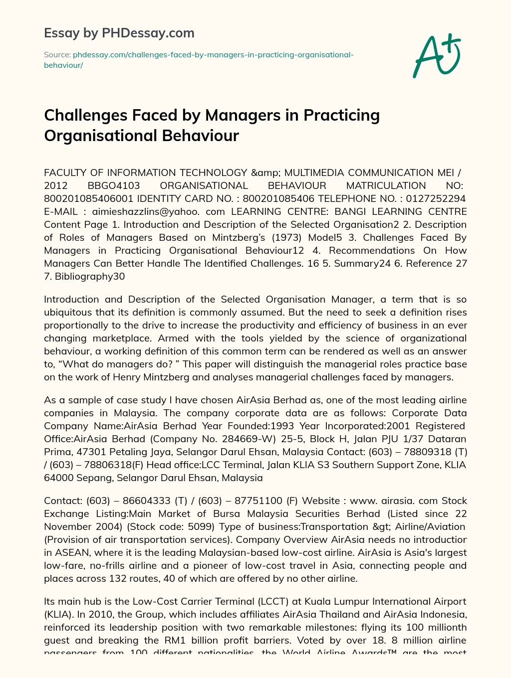 Challenges faced by managers in practicing organisational behaviour essay