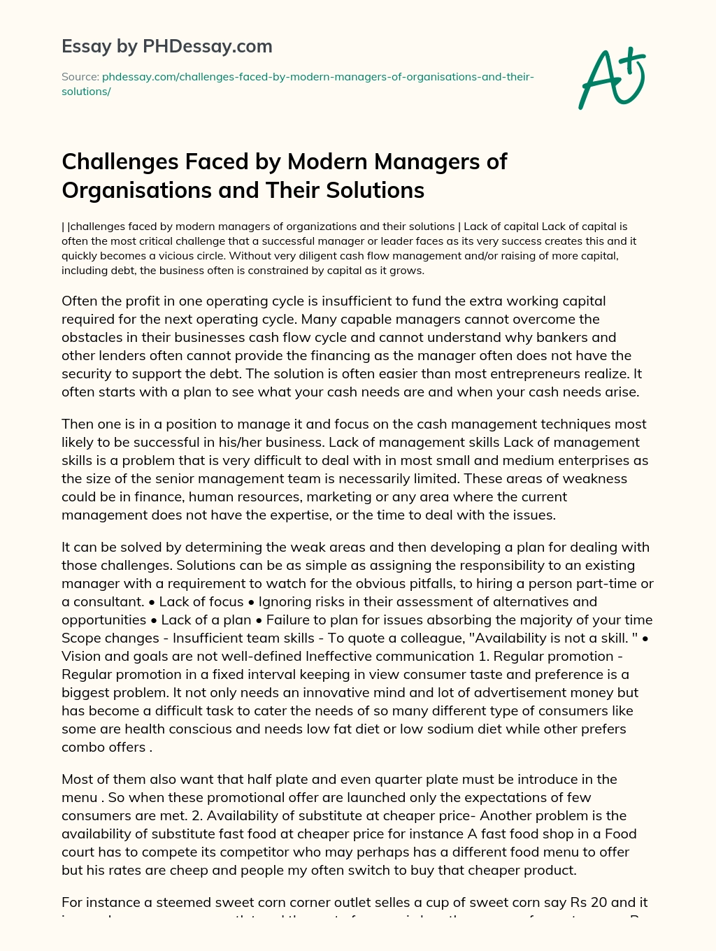 Challenges faced by modern managers of organisations and their solutions essay