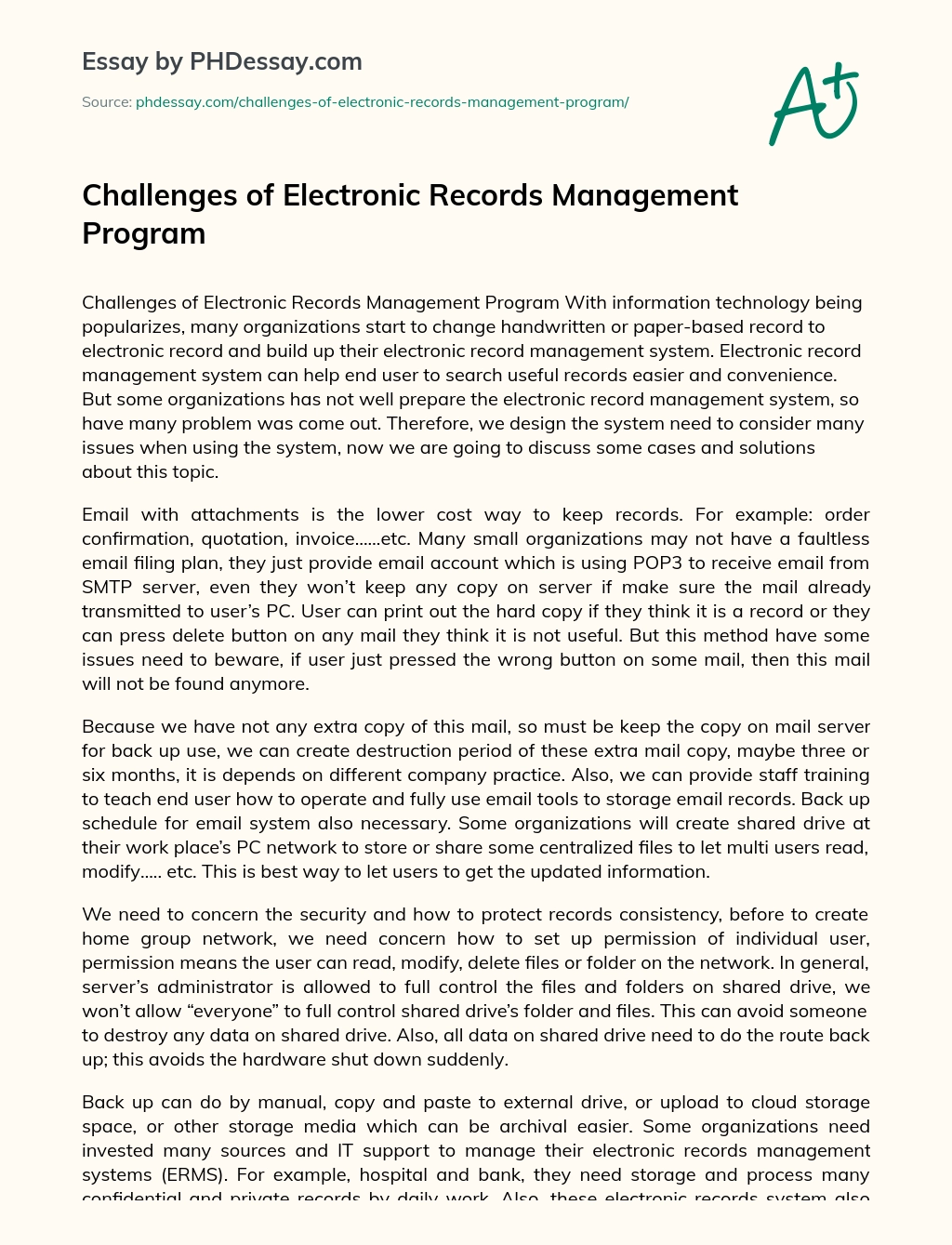 Challenges of Electronic Records Management Program essay