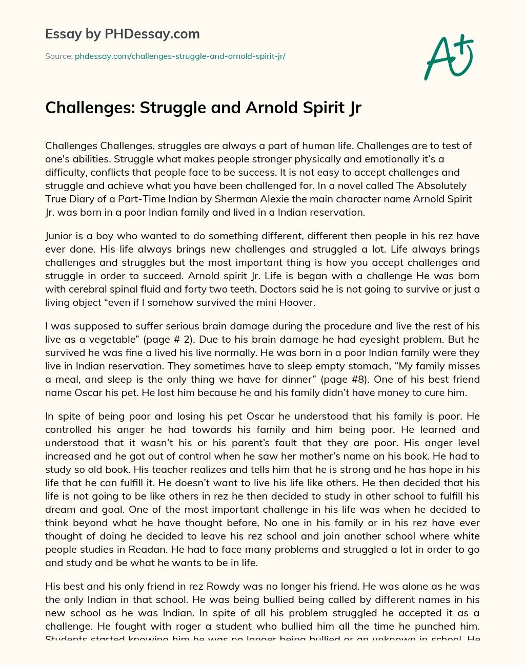 Challenges: Struggle and Arnold Spirit Jr essay