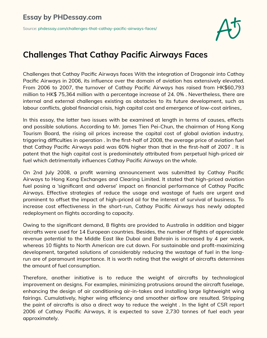 Challenges that Cathay Pacific Airways faces essay