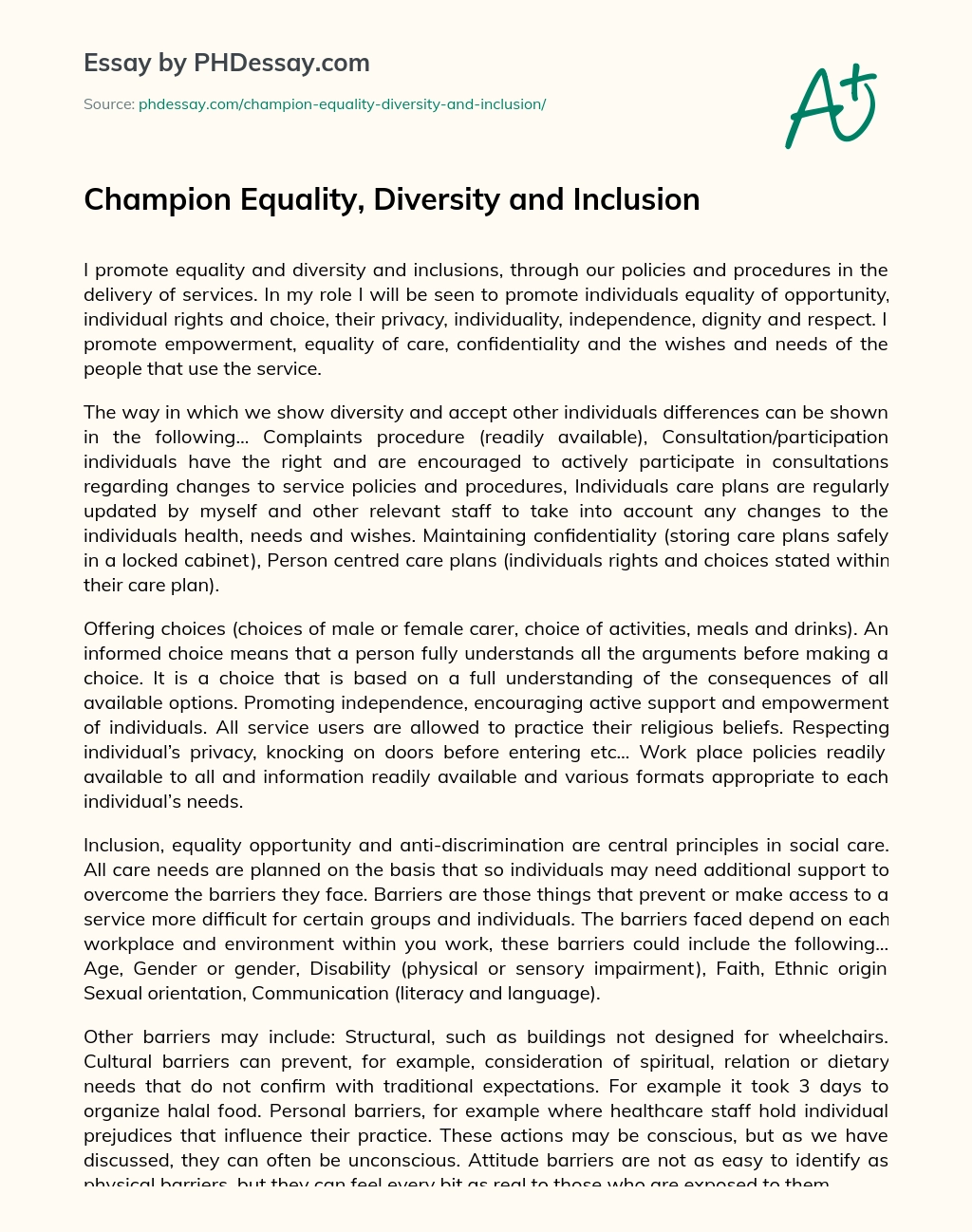 Champion Equality, Diversity and Inclusion essay