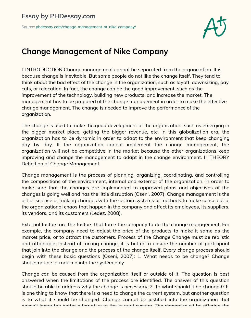 Change Management of Nike Company essay