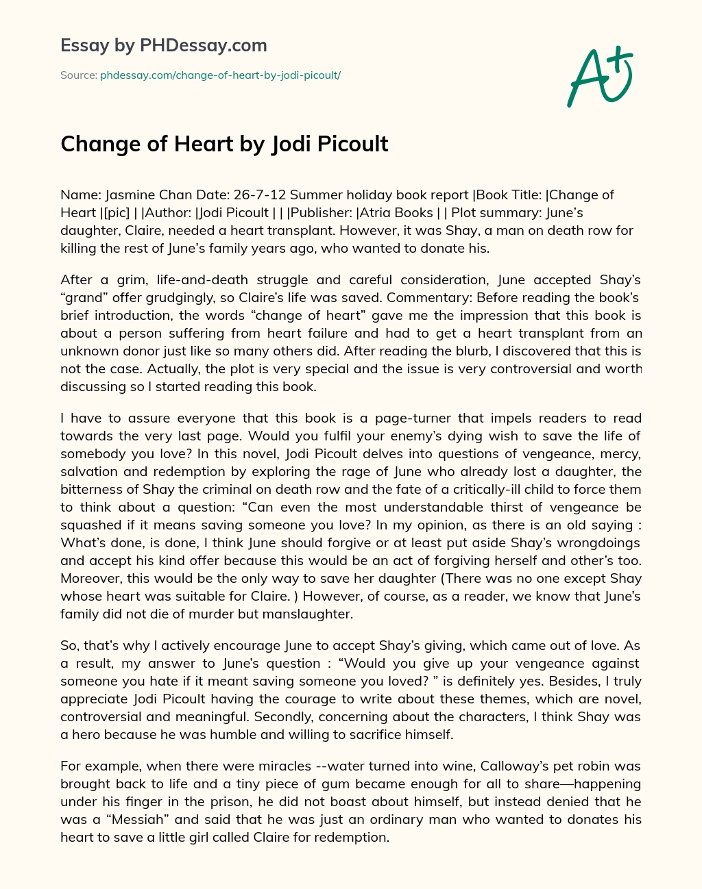 Change of Heart by Jodi Picoult essay