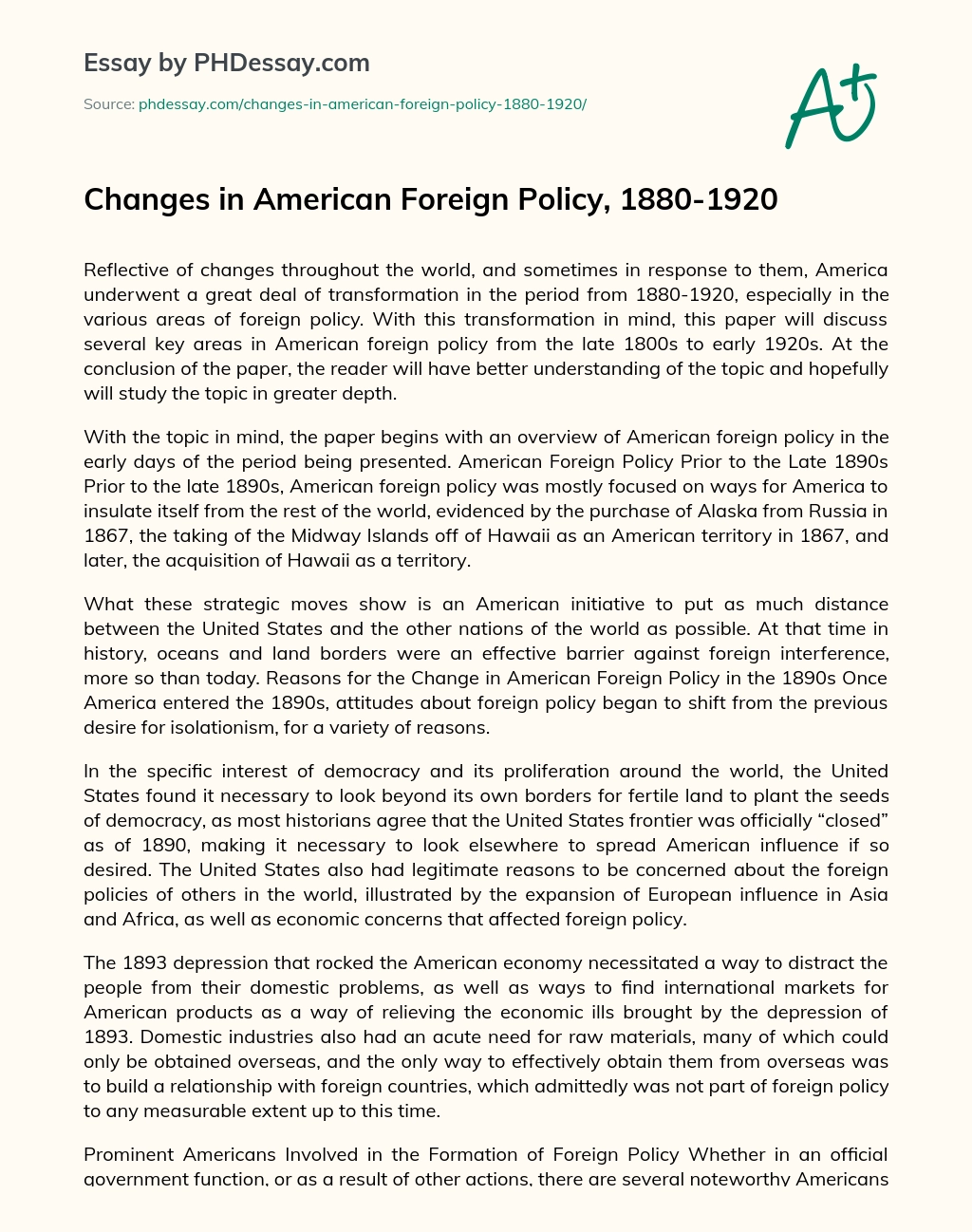 Changes in American Foreign Policy, 1880-1920 essay