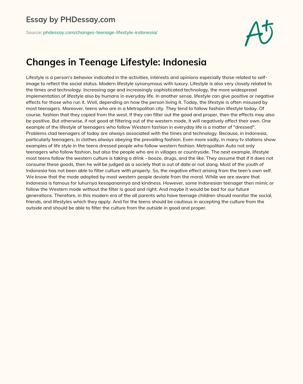 Changes in Teenage Lifestyle: Indonesia essay