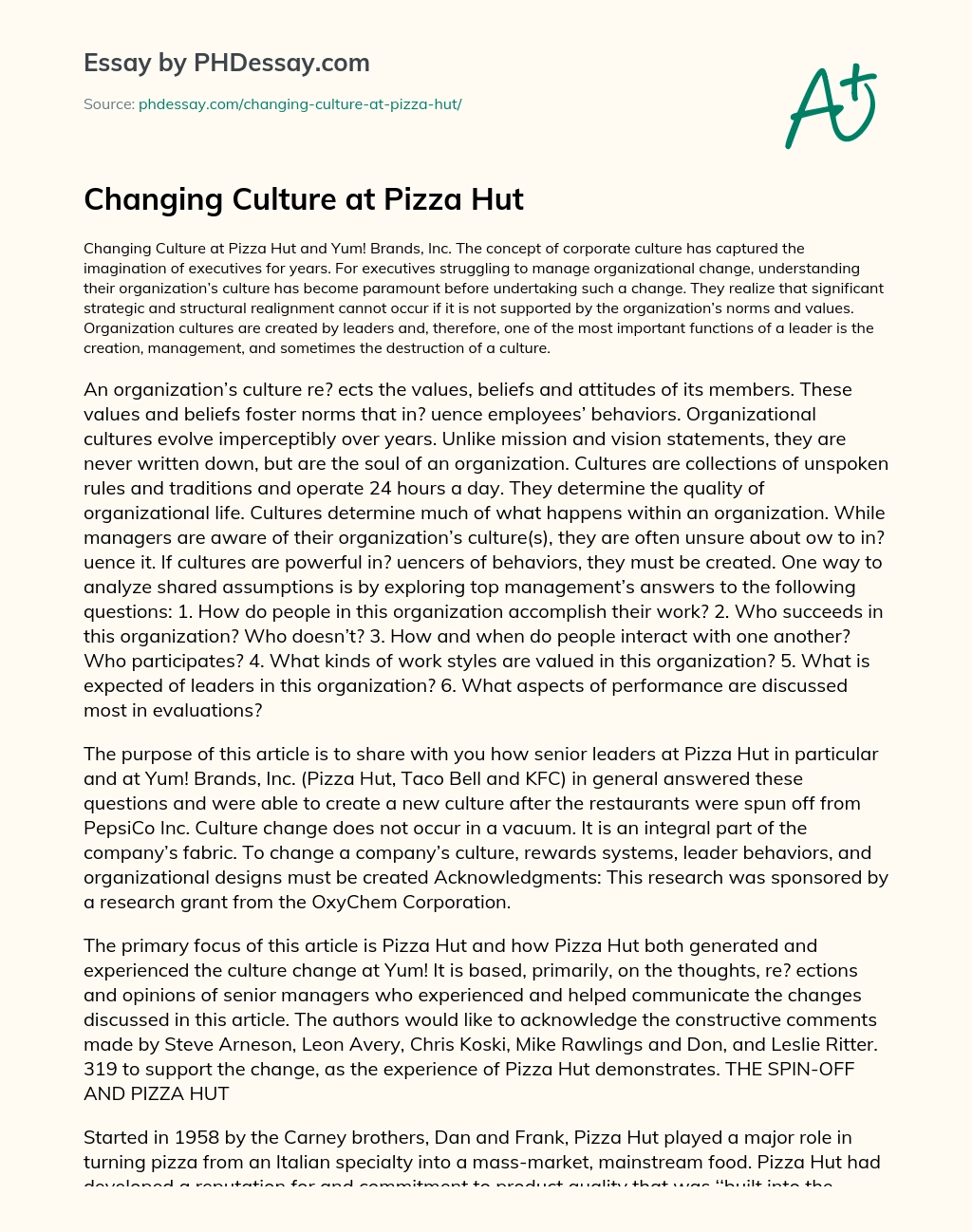 Changing Culture at Pizza Hut essay