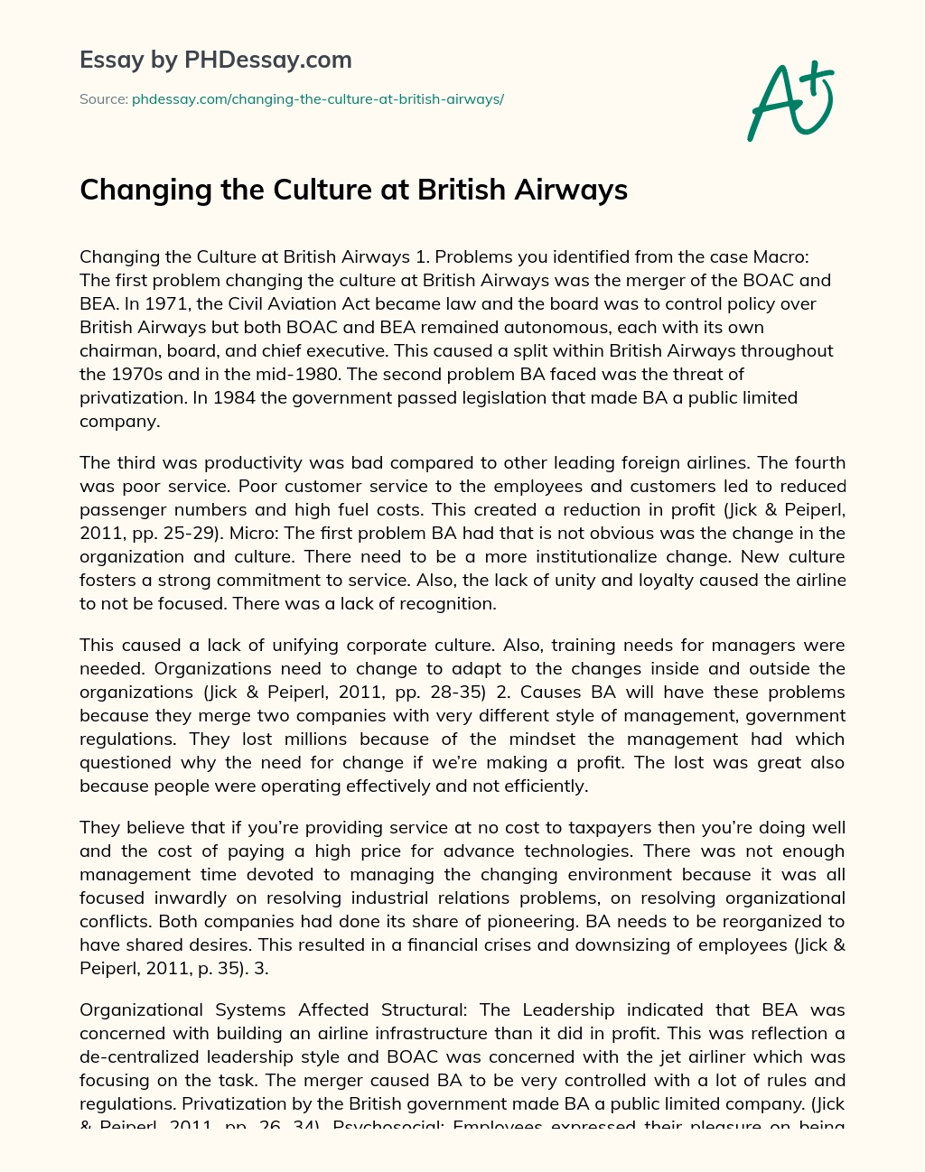 Changing the Culture at British Airways essay