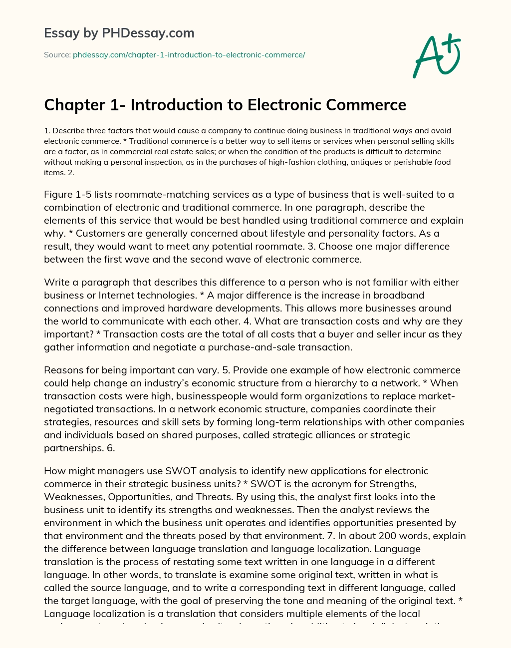 Chapter 1- Introduction to Electronic Commerce essay