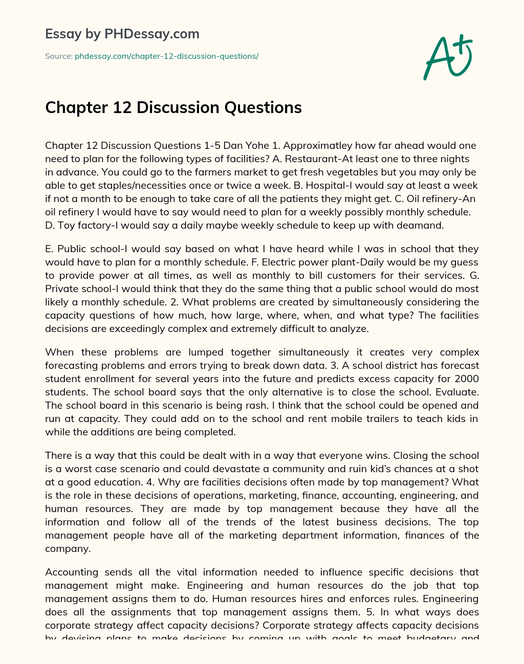 Chapter 12 Discussion Questions essay