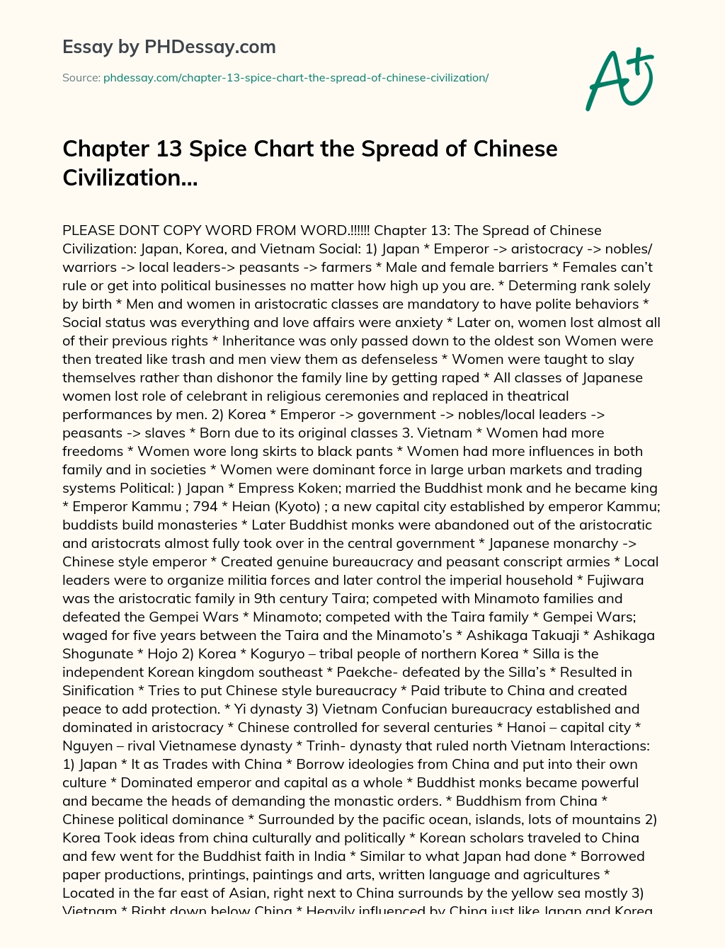 Chapter 13 Spice Chart the Spread of Chinese Civilization… essay