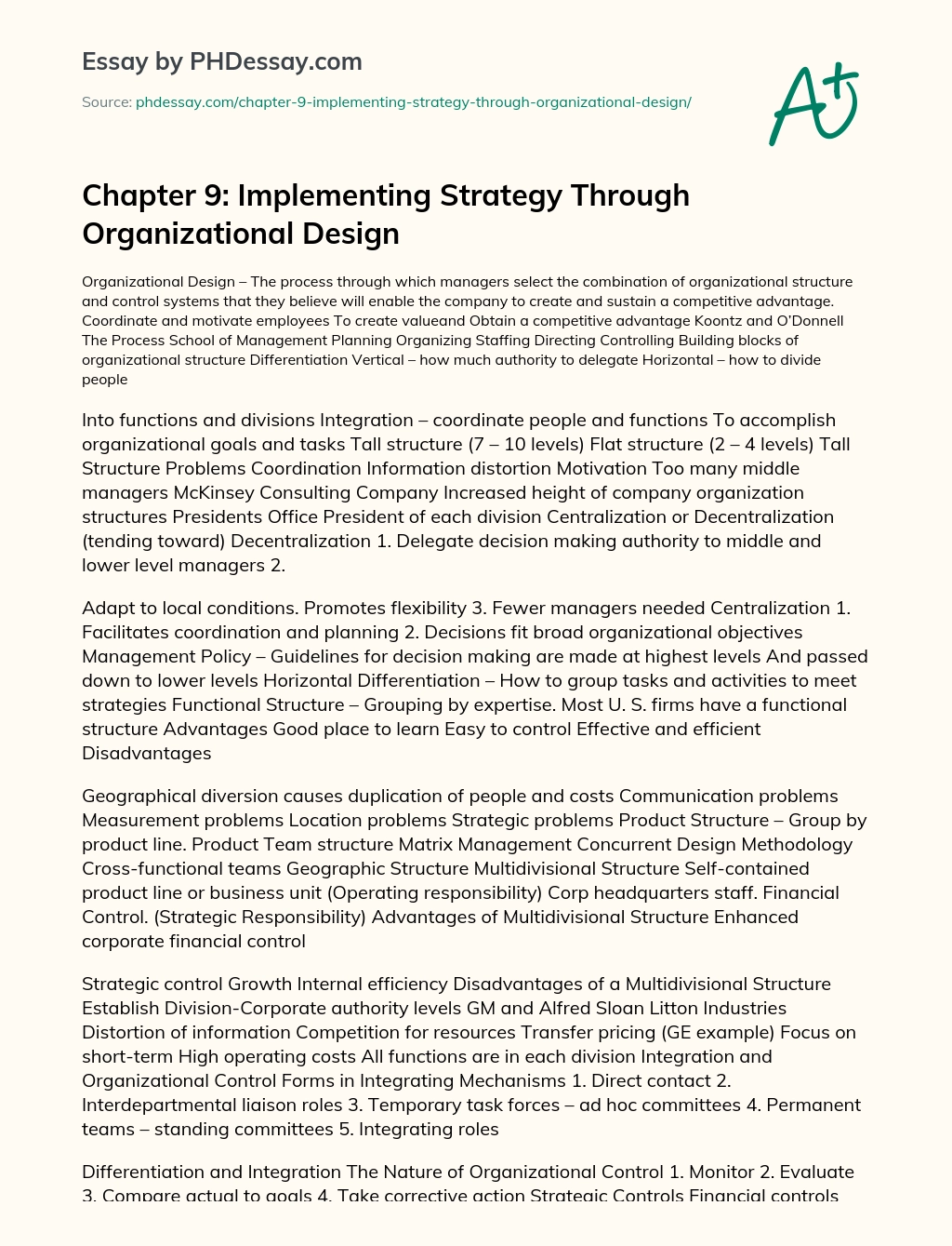Implementing Strategy Through Organizational Design essay
