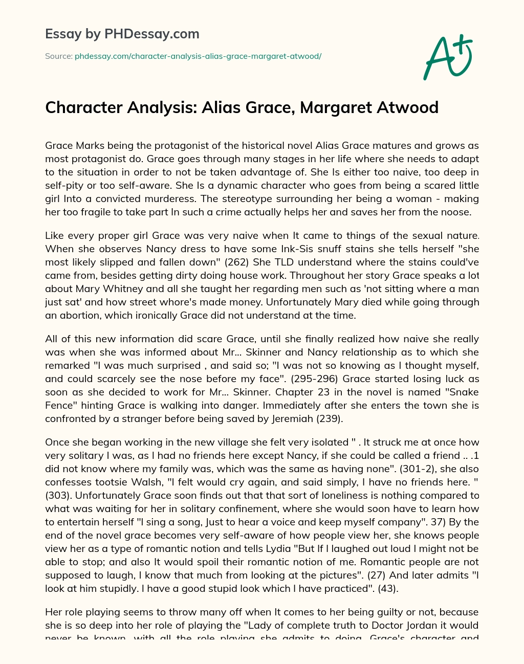 Character Analysis: Alias Grace, Margaret Atwood essay