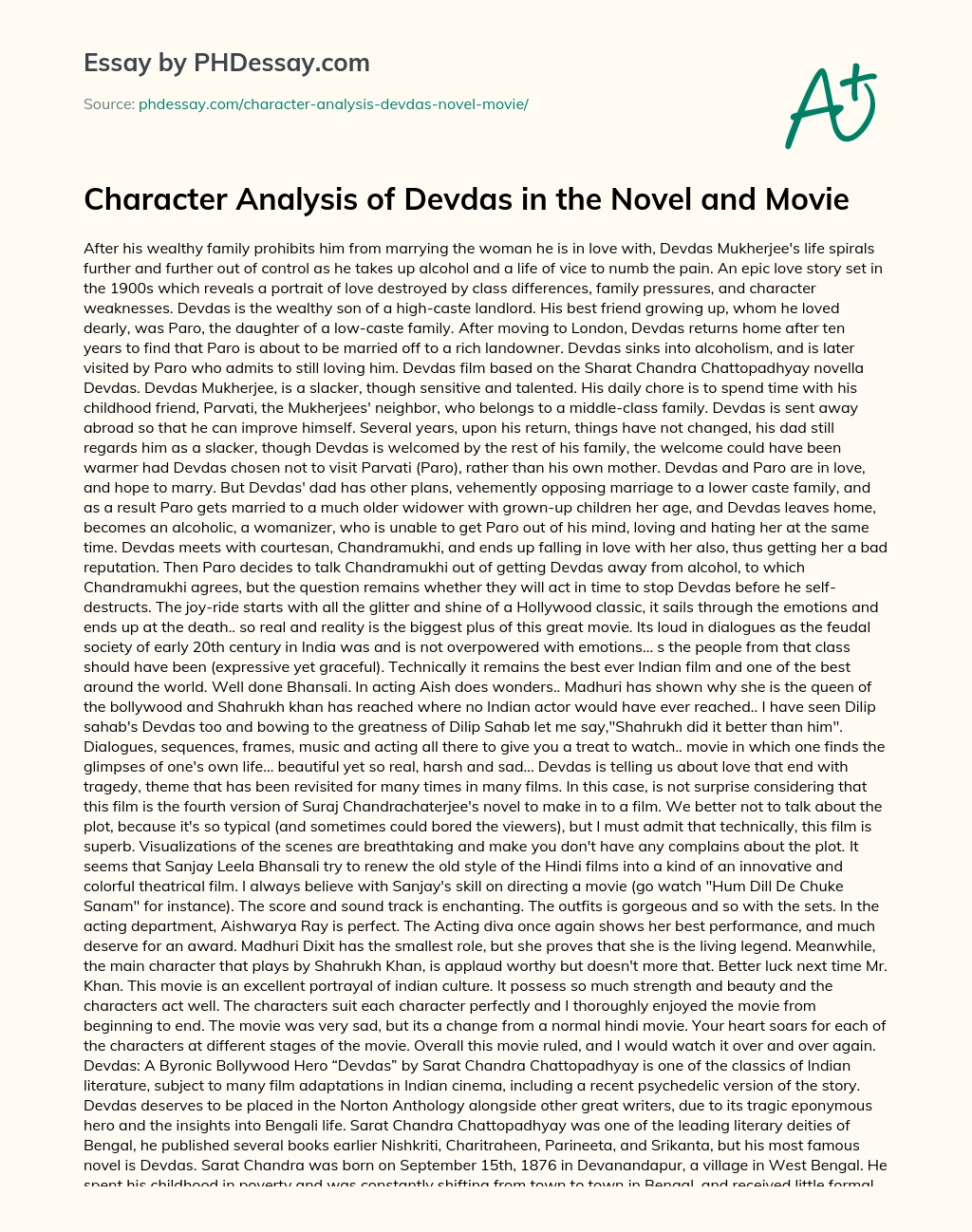Character Analysis of Devdas in the Novel and Movie essay