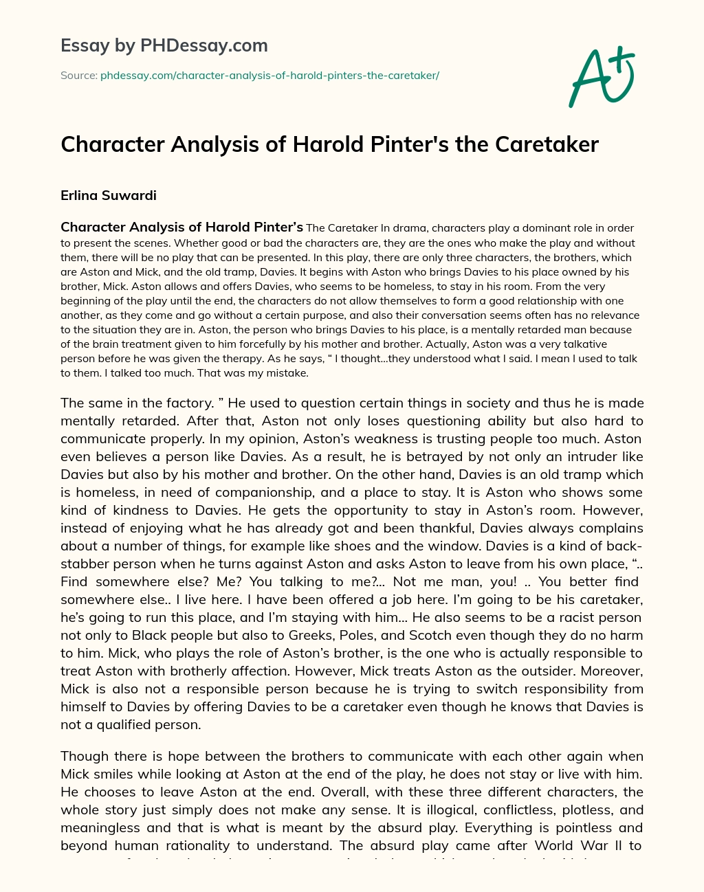 Character Analysis of Harold Pinter’s the Caretaker essay