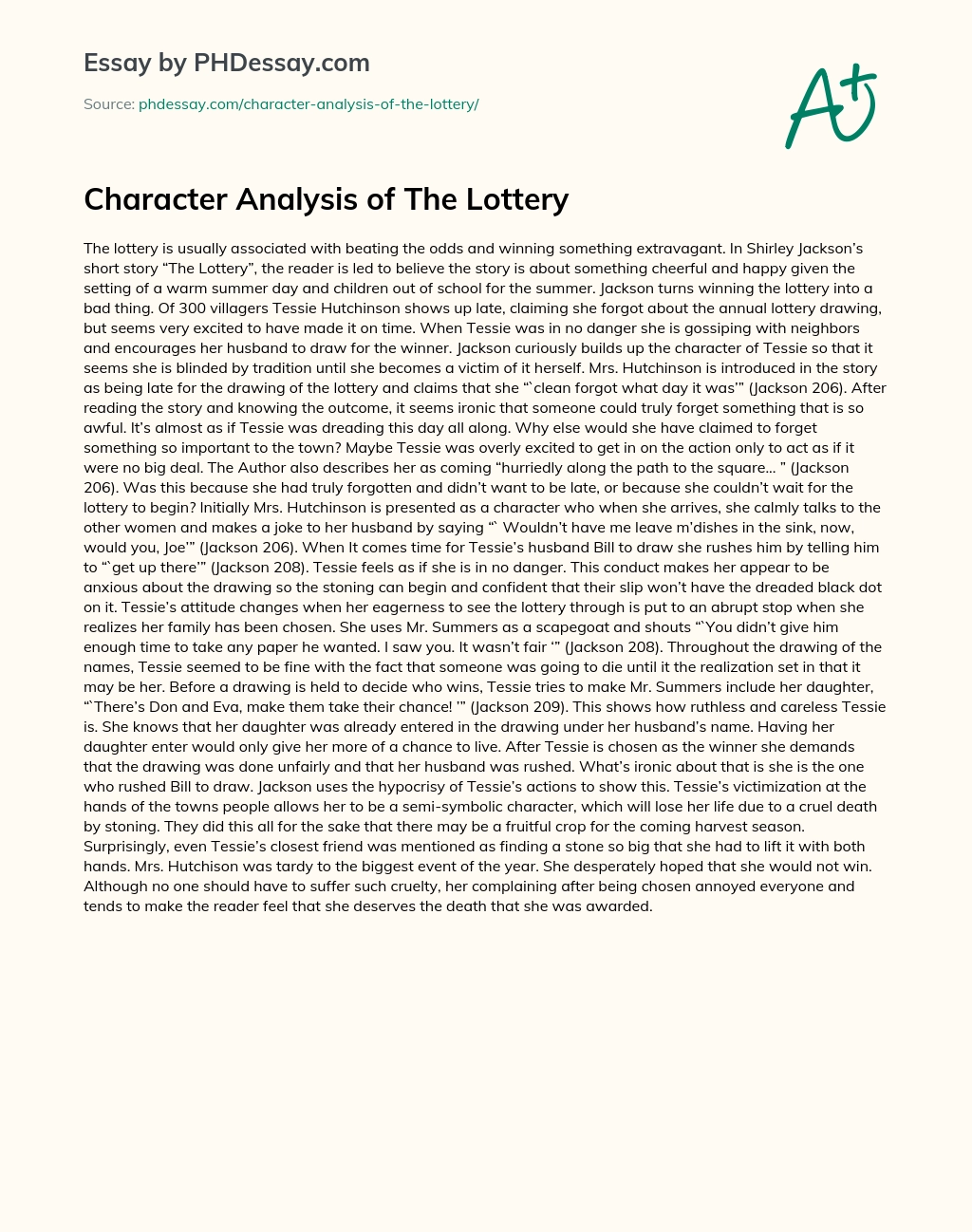 Character Analysis of The Lottery essay