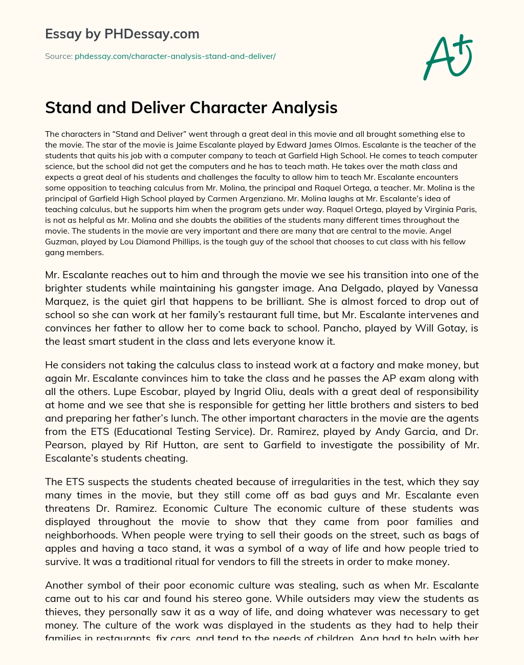 Stand and Deliver Character Analysis essay