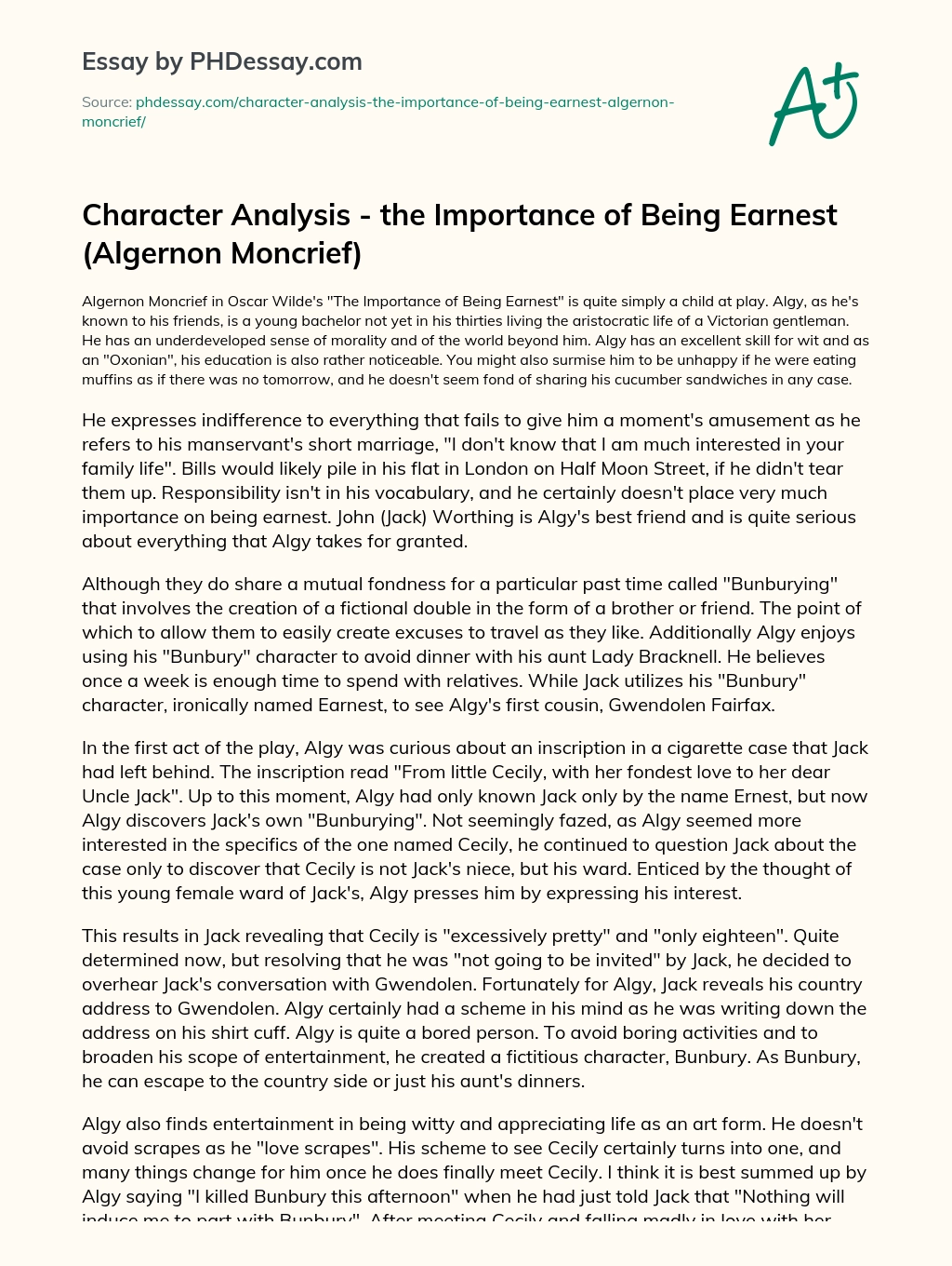Character analysis – the importance of being earnest (Algernon Moncrief) essay