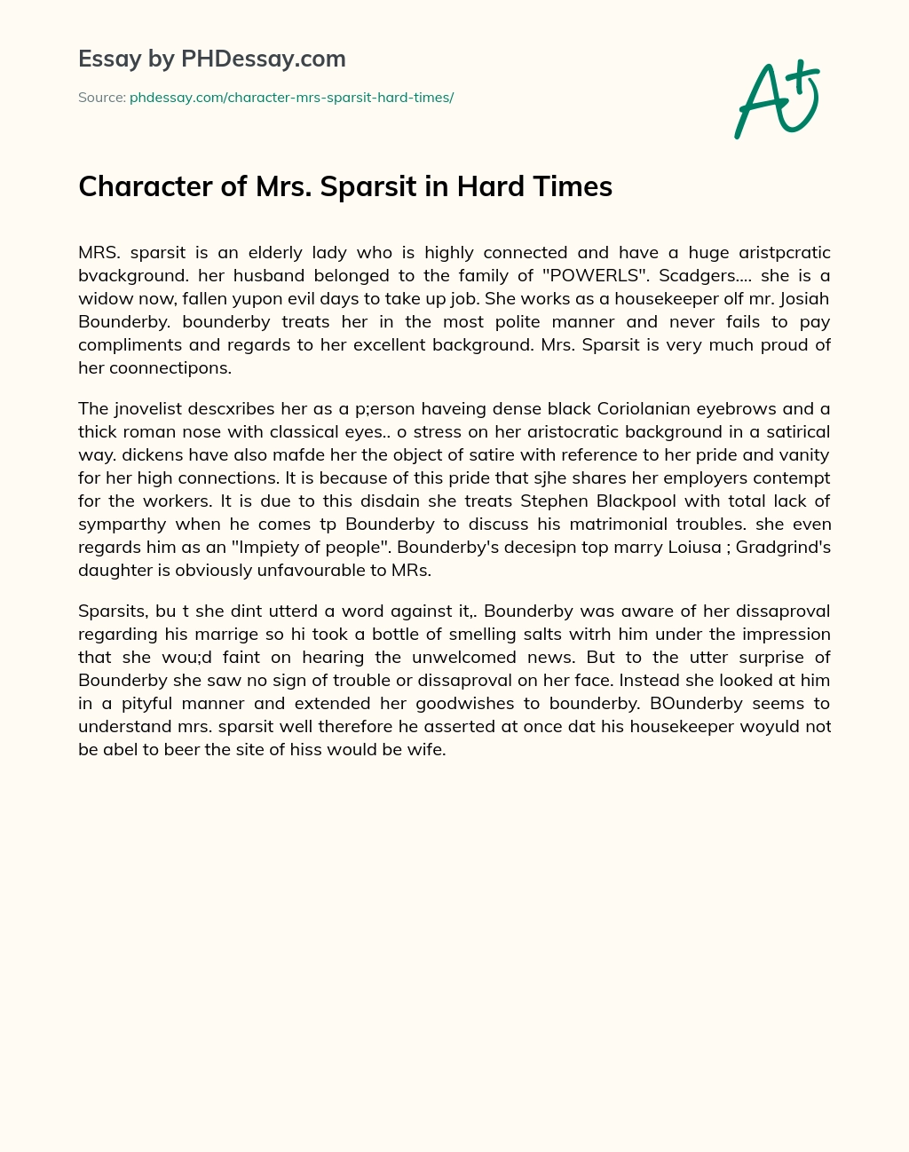 Character of Mrs. Sparsit in Hard Times essay