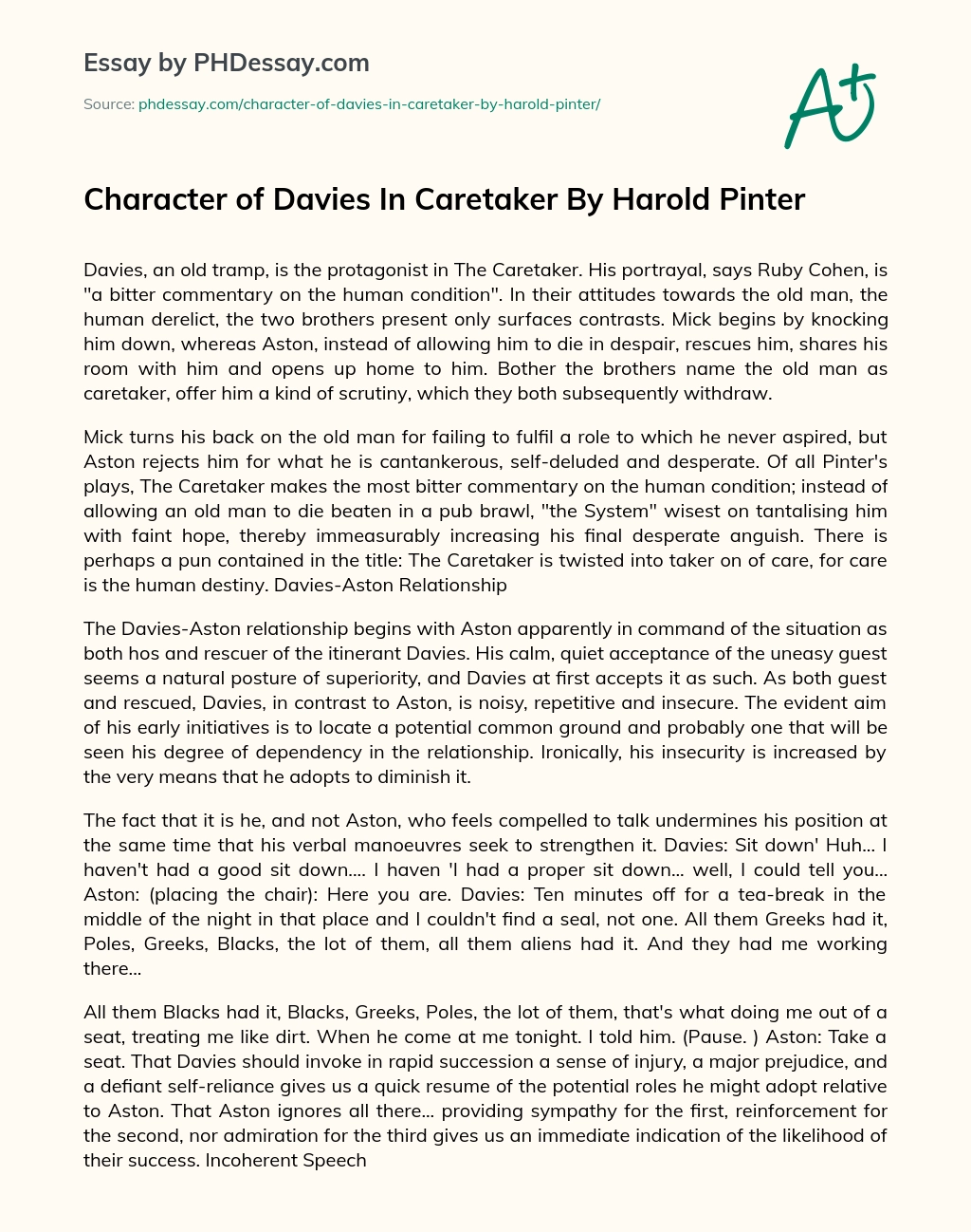 Character of Davies In Caretaker By Harold Pinter essay