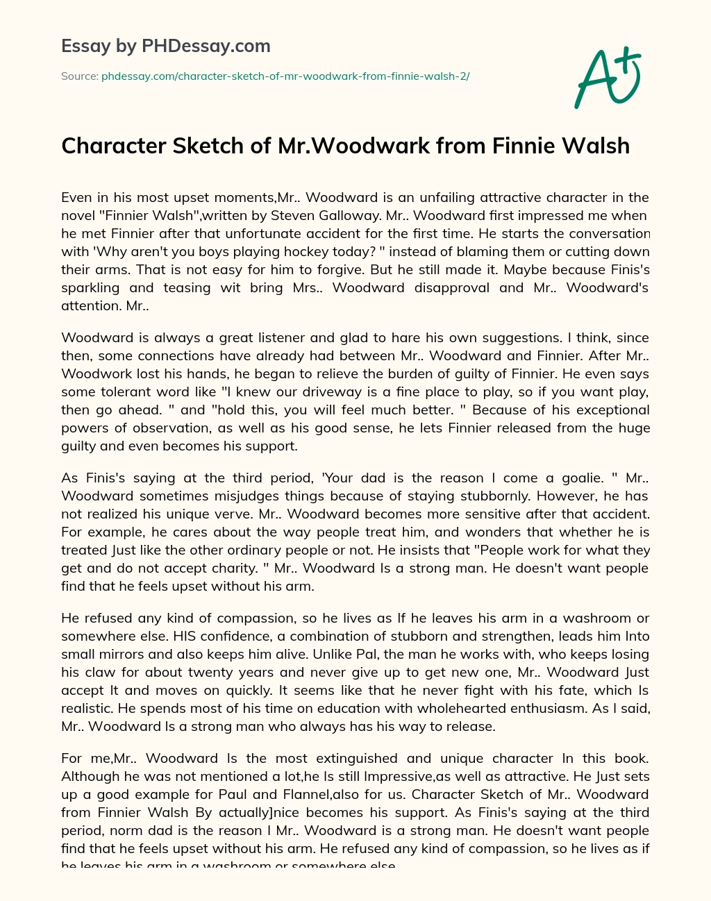 Character Sketch of Mr.Woodwark from Finnie Walsh essay