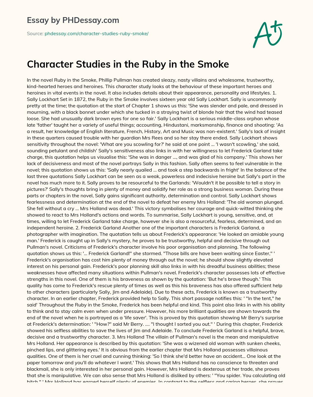 Character Studies in the Ruby in the Smoke essay