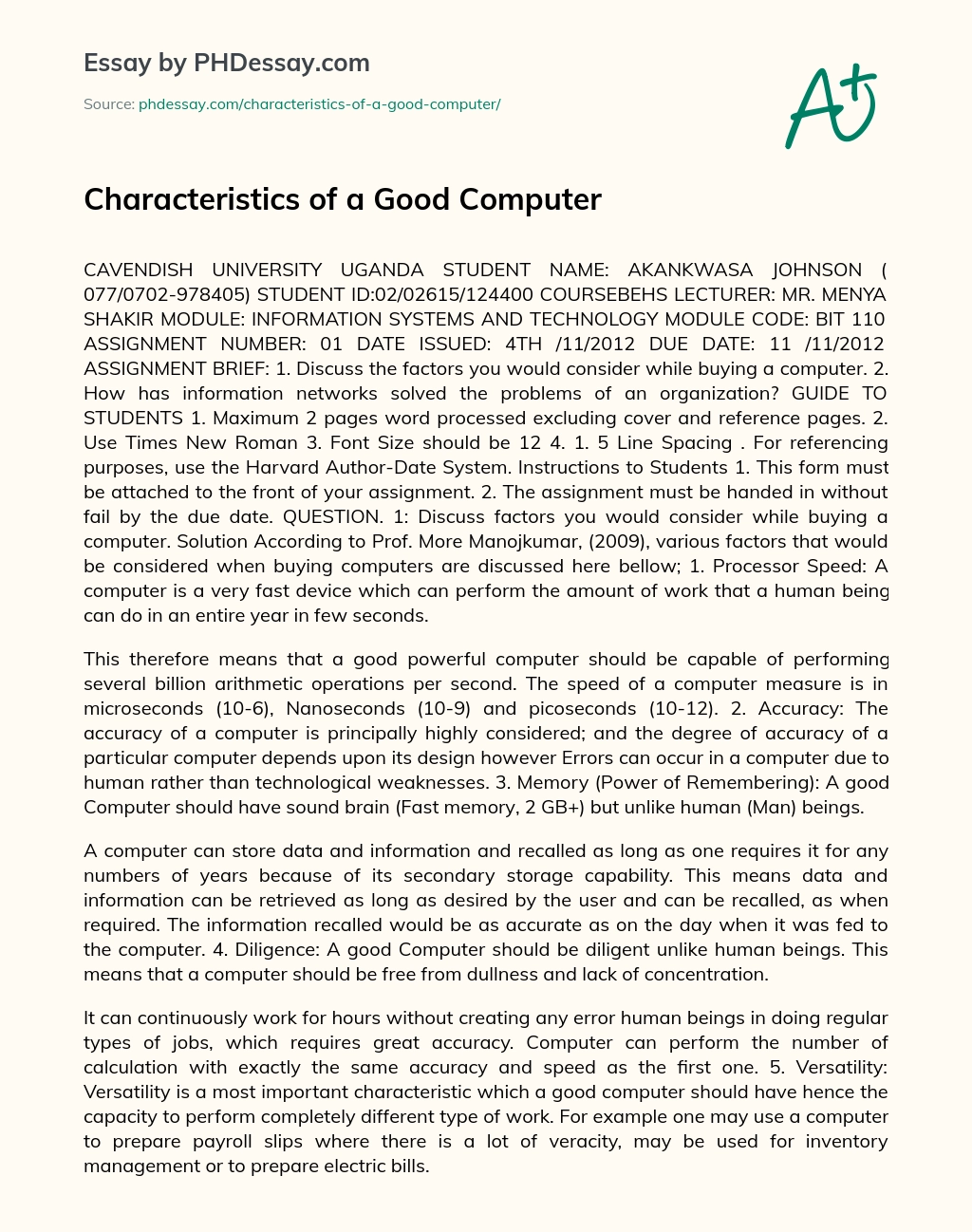 Characteristics of a Good Computer essay
