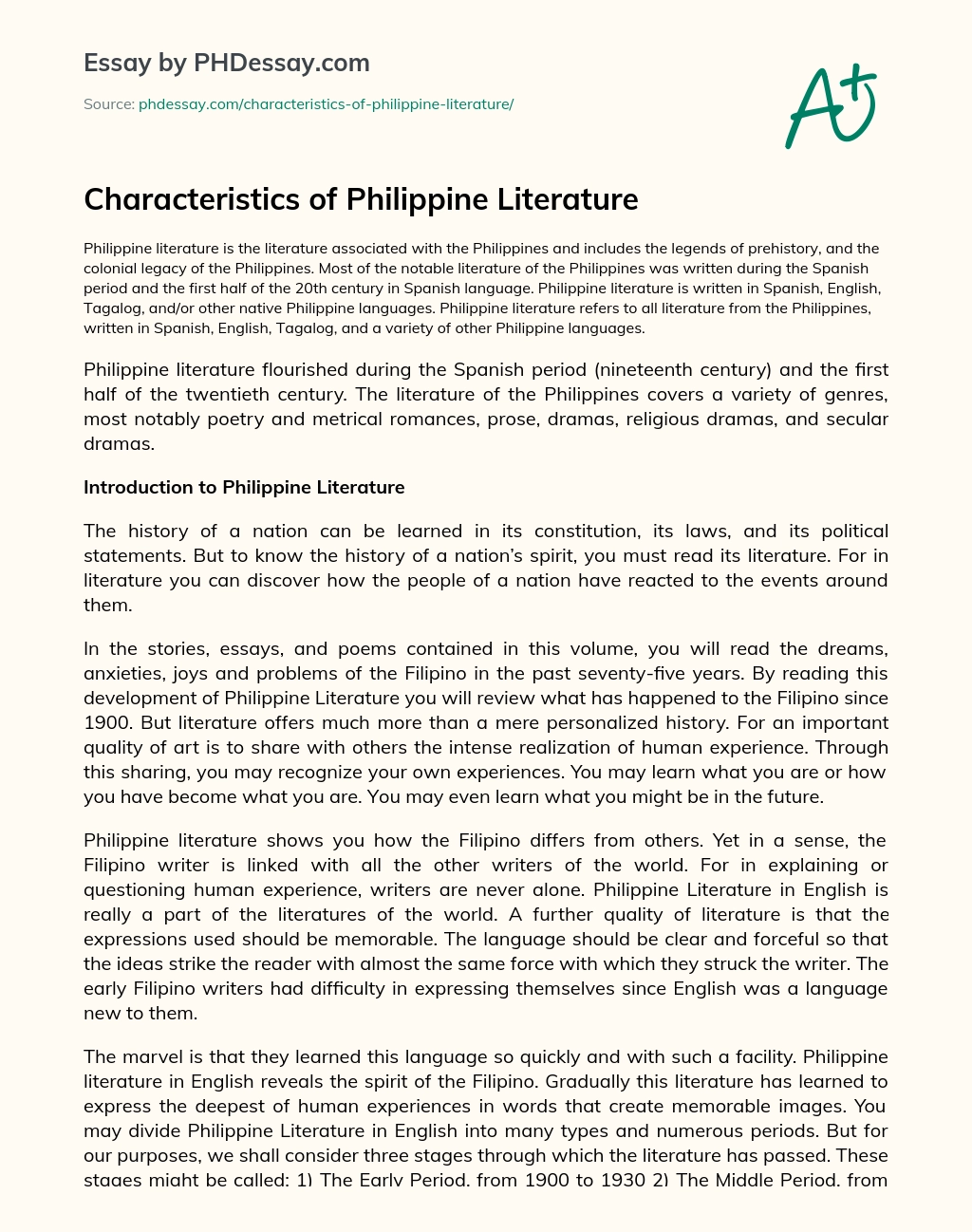 Characteristics of Philippine Literature essay