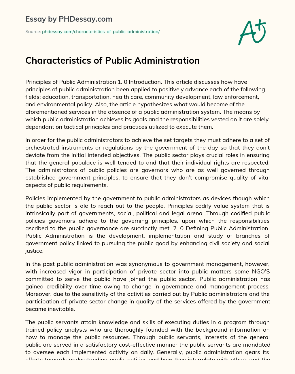 Characteristics of Public Administration essay