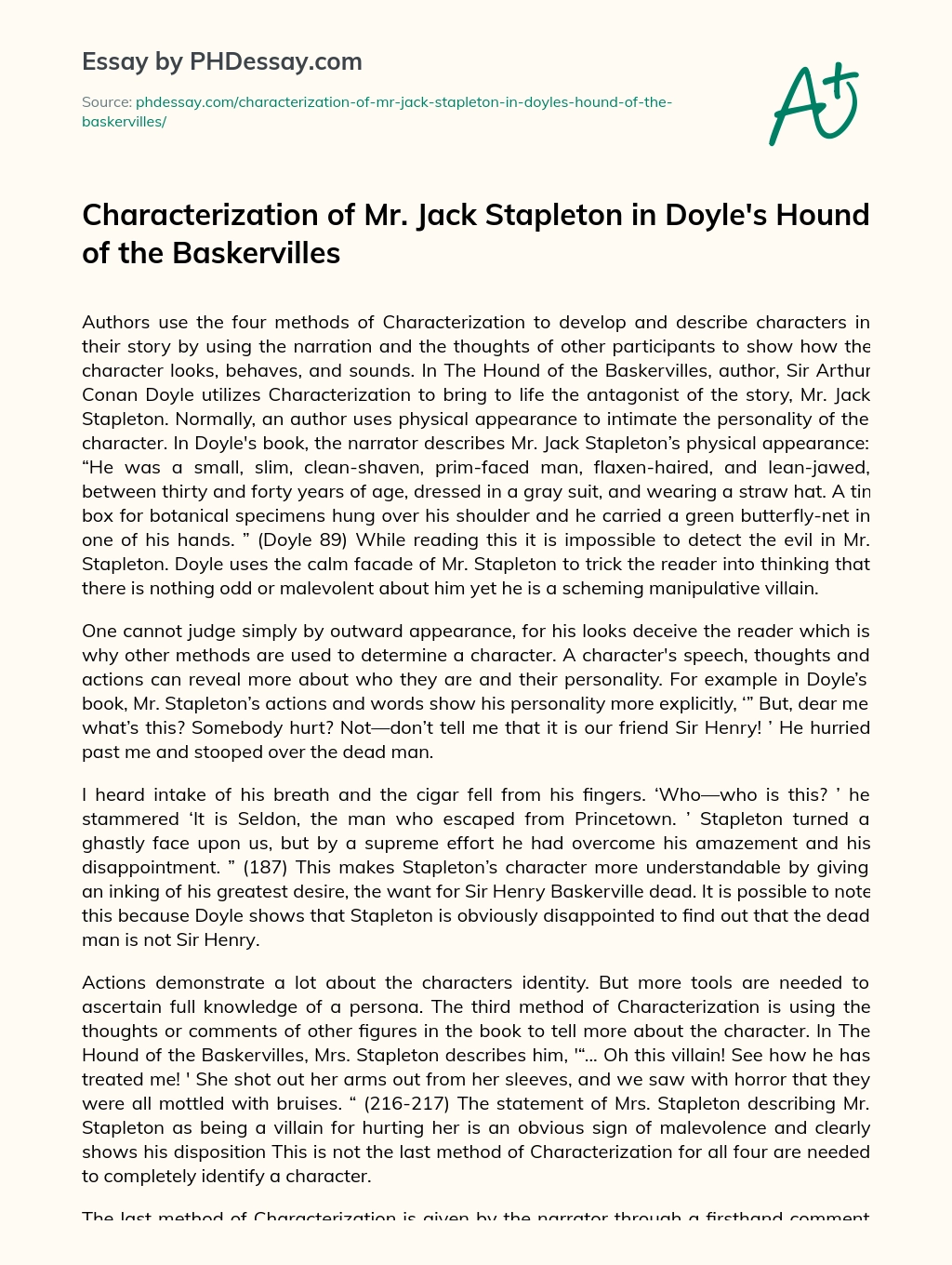 Characterization of Mr. Jack Stapleton in Doyle’s Hound of the Baskervilles essay