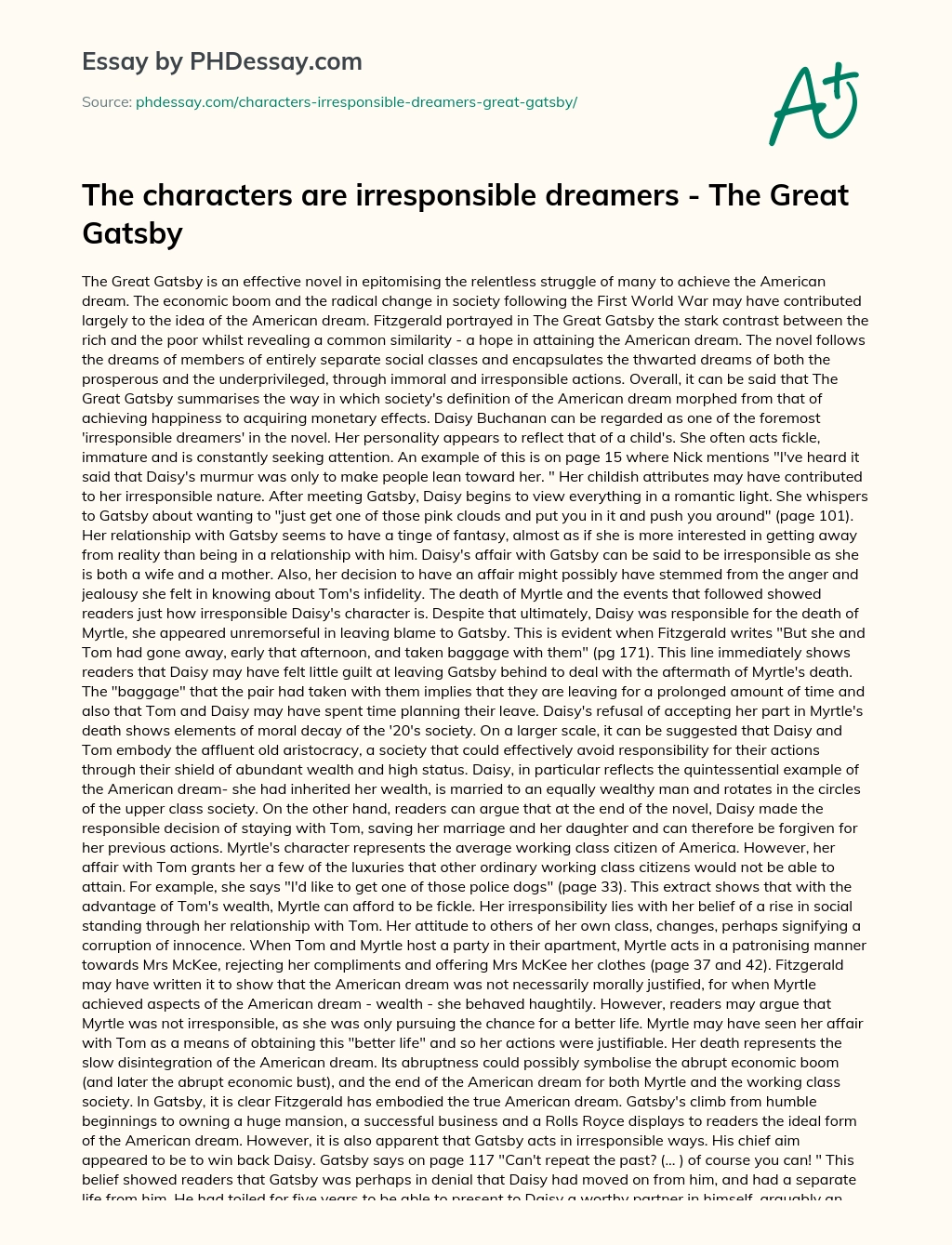 The characters are irresponsible dreamers – The Great Gatsby essay