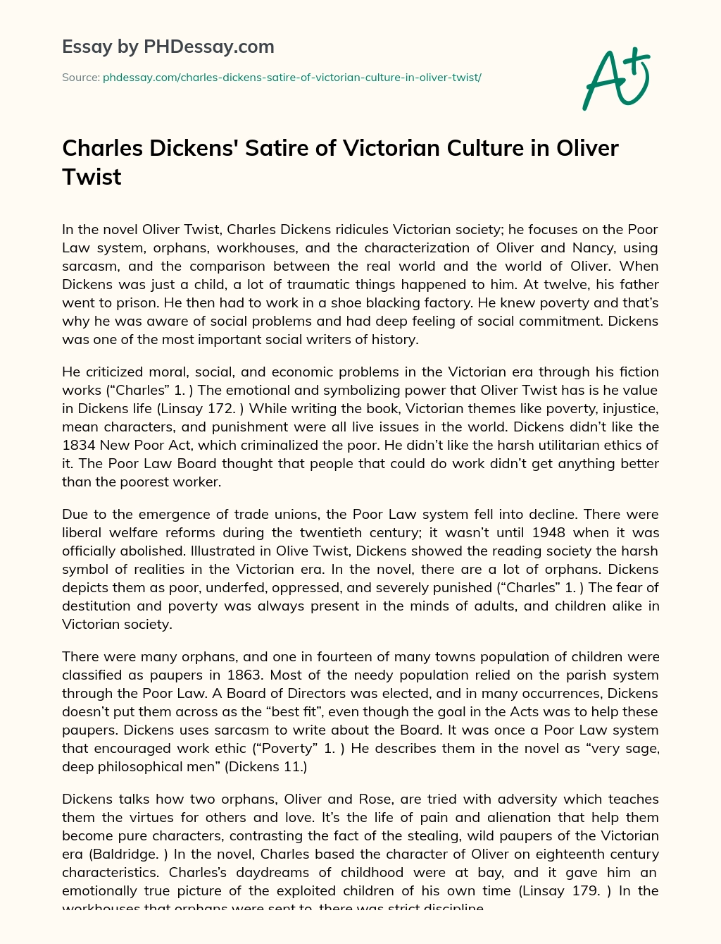 Charles Dickens’ Satire of Victorian Culture in Oliver Twist essay