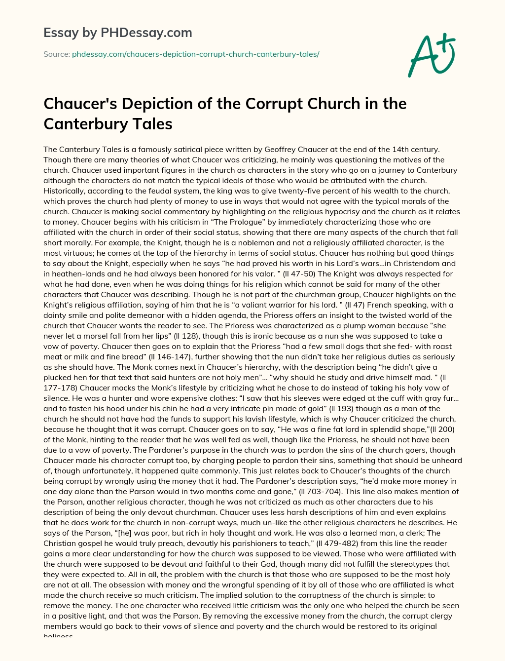 Chaucer’s Depiction of the Corrupt Church in the Canterbury Tales essay