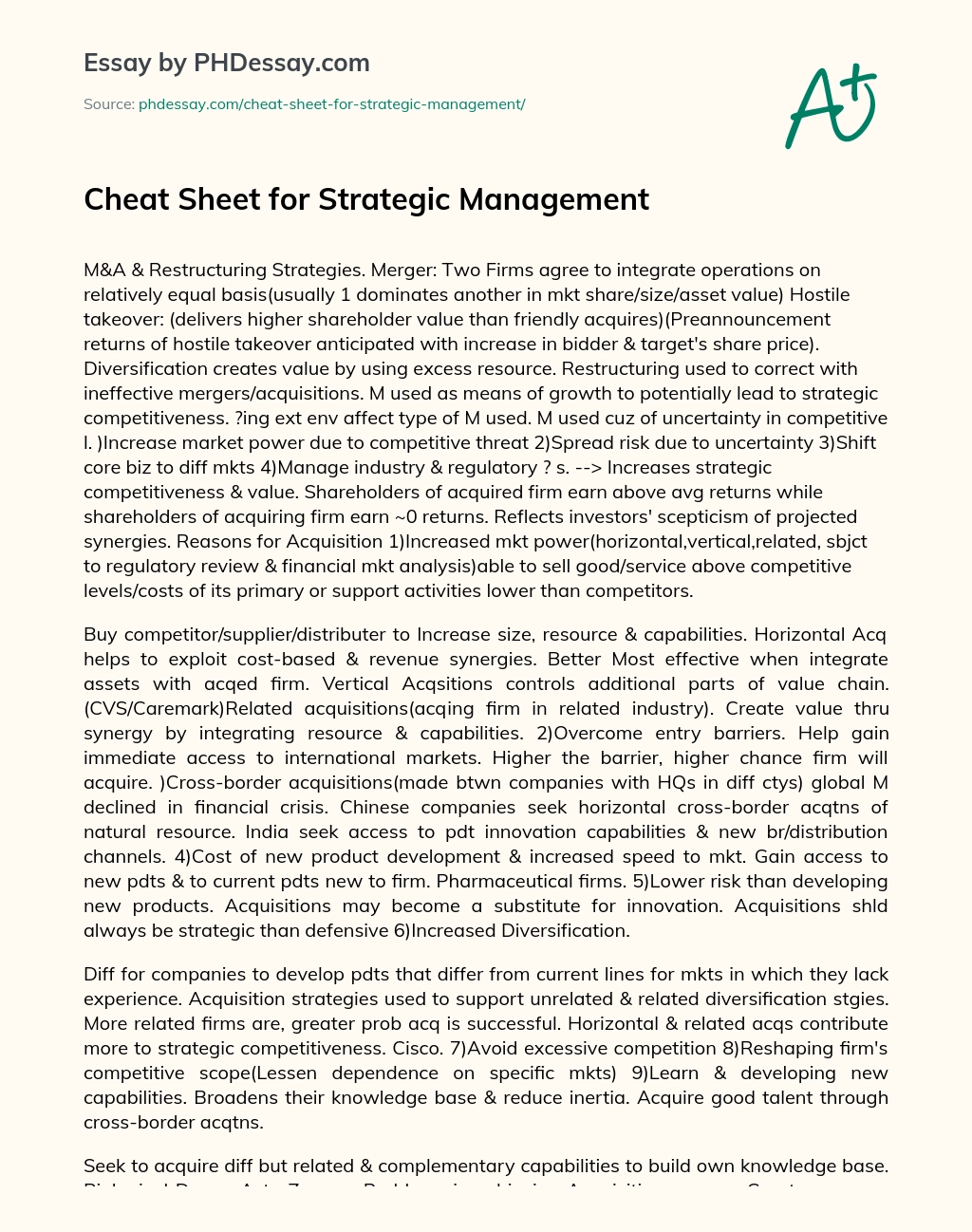 Cheat Sheet for Strategic Management essay
