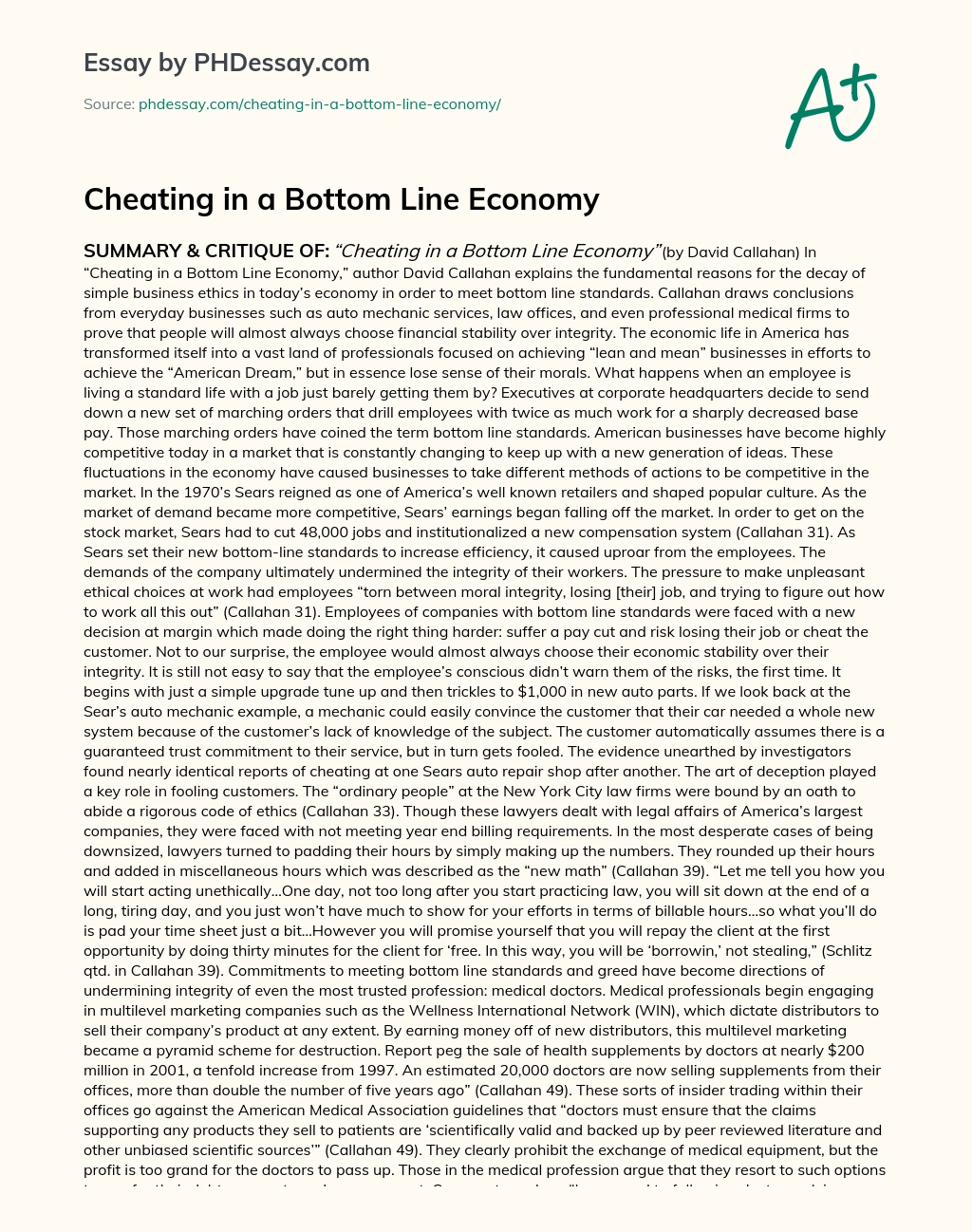 Cheating in a Bottom Line Economy essay