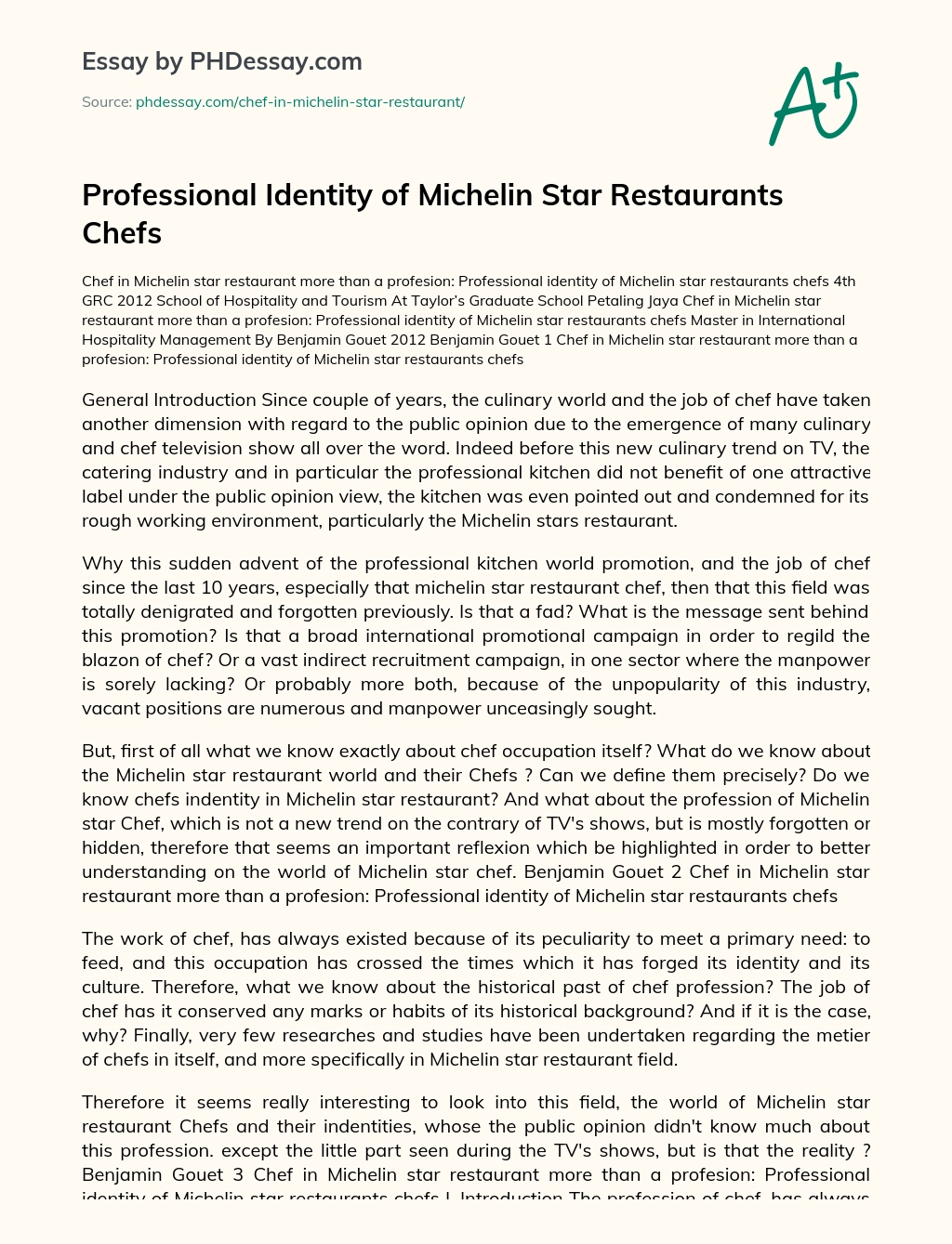 Professional Identity of Michelin Star Restaurants Chefs essay
